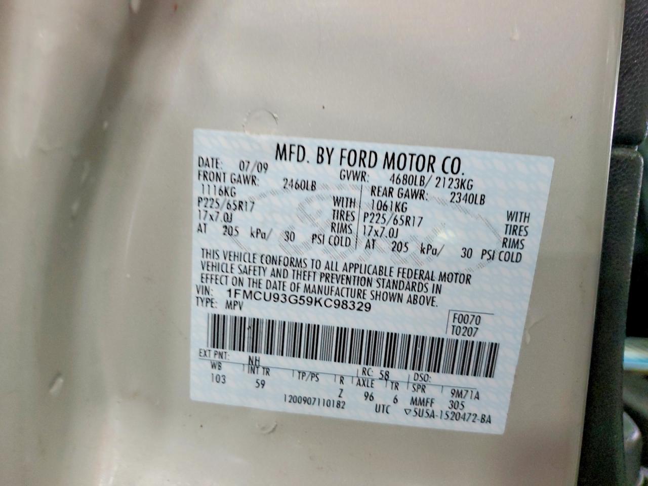 2009 Ford Escape Beige vin: 1FMCU93G59KC98329