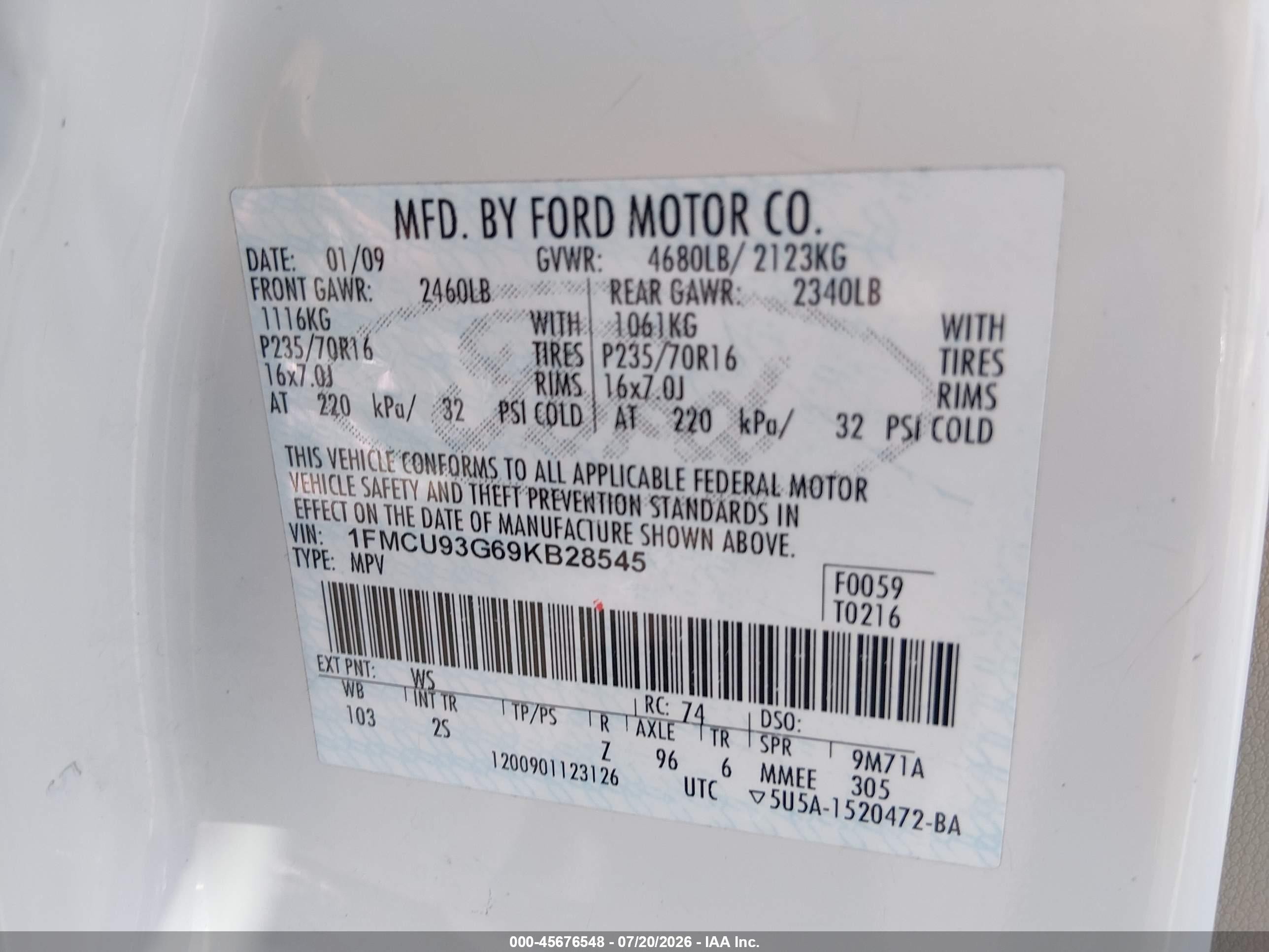 2009 Ford Escape Xlt White vin: 1FMCU93G69KB28545