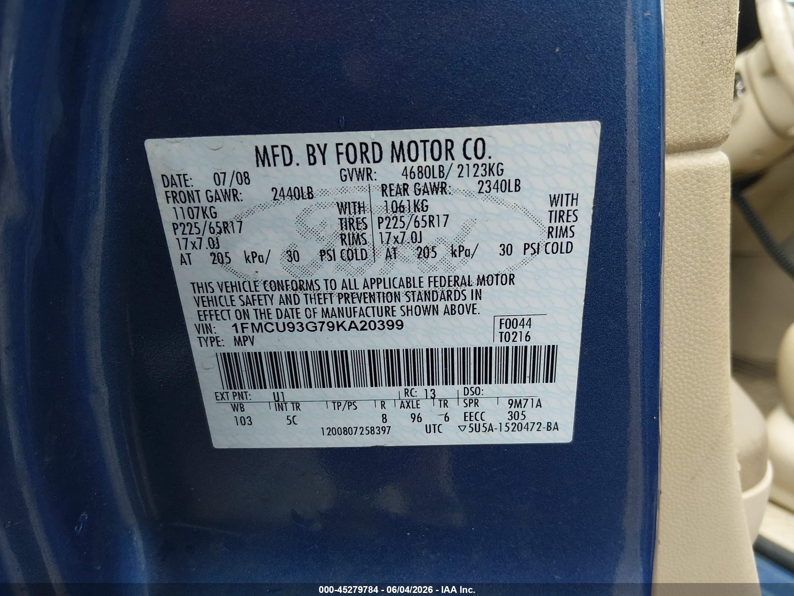 2009 Ford Escape Xlt Light Blue vin: 1FMCU93G79KA20399