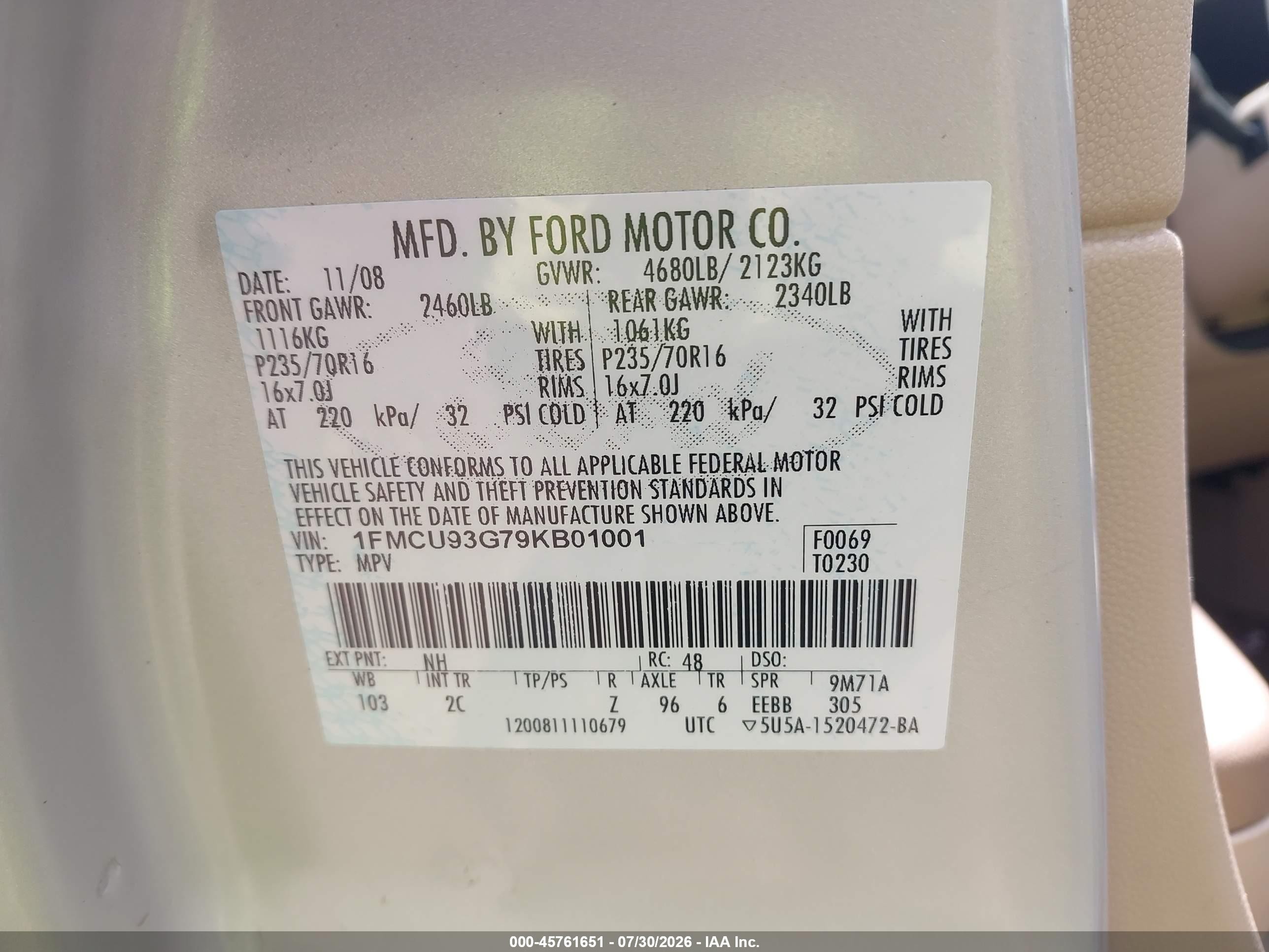 2009 Ford Escape Xlt Cream vin: 1FMCU93G79KB01001