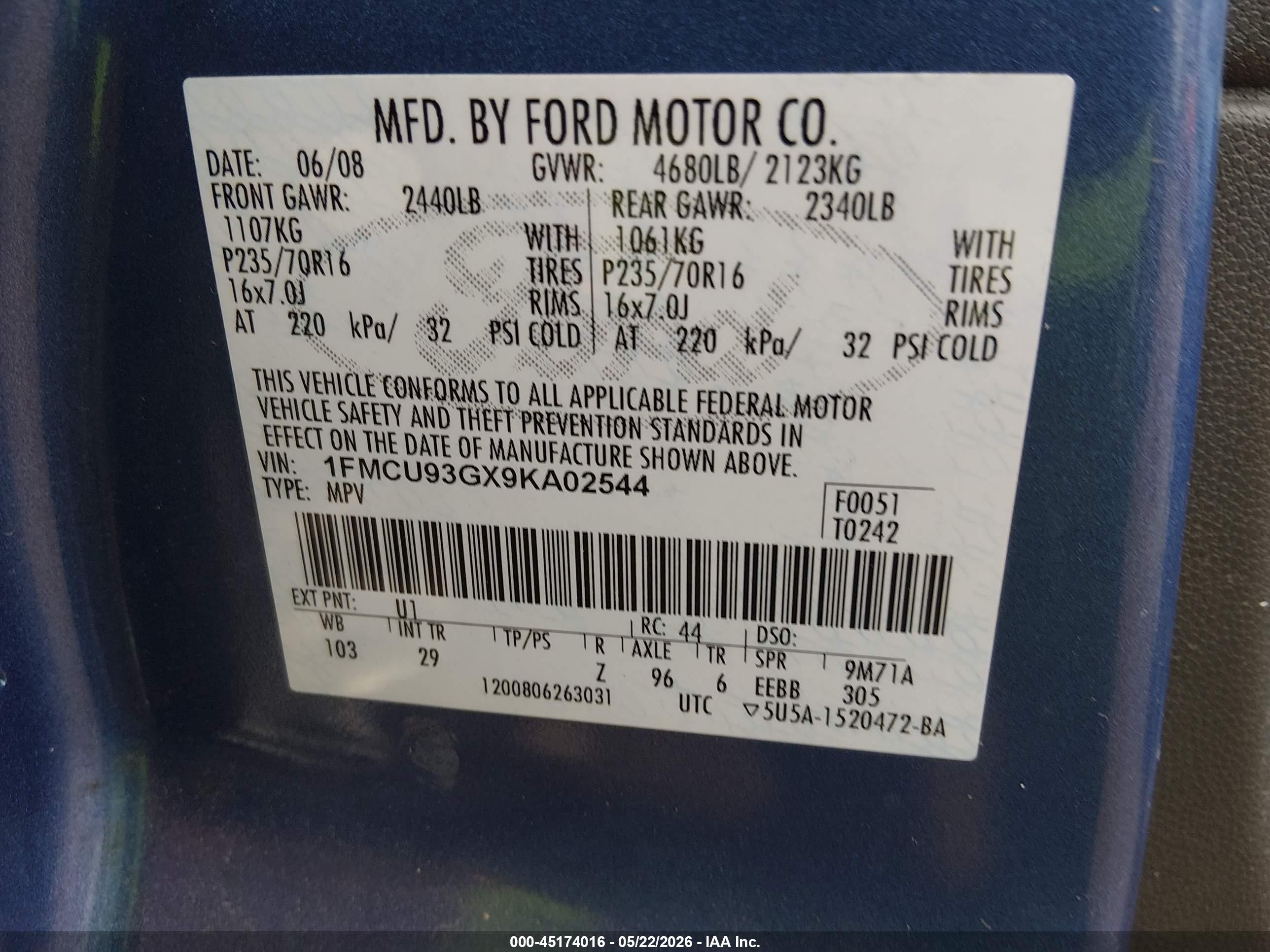 2009 Ford Escape Xlt Blue vin: 1FMCU93GX9KA02544