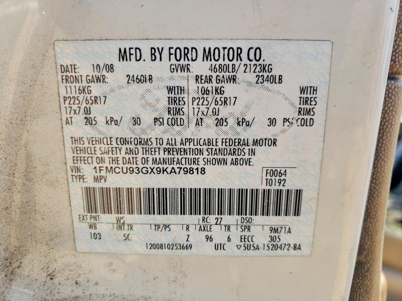 2009 Ford Escape Xlt White vin: 1FMCU93GX9KA79818