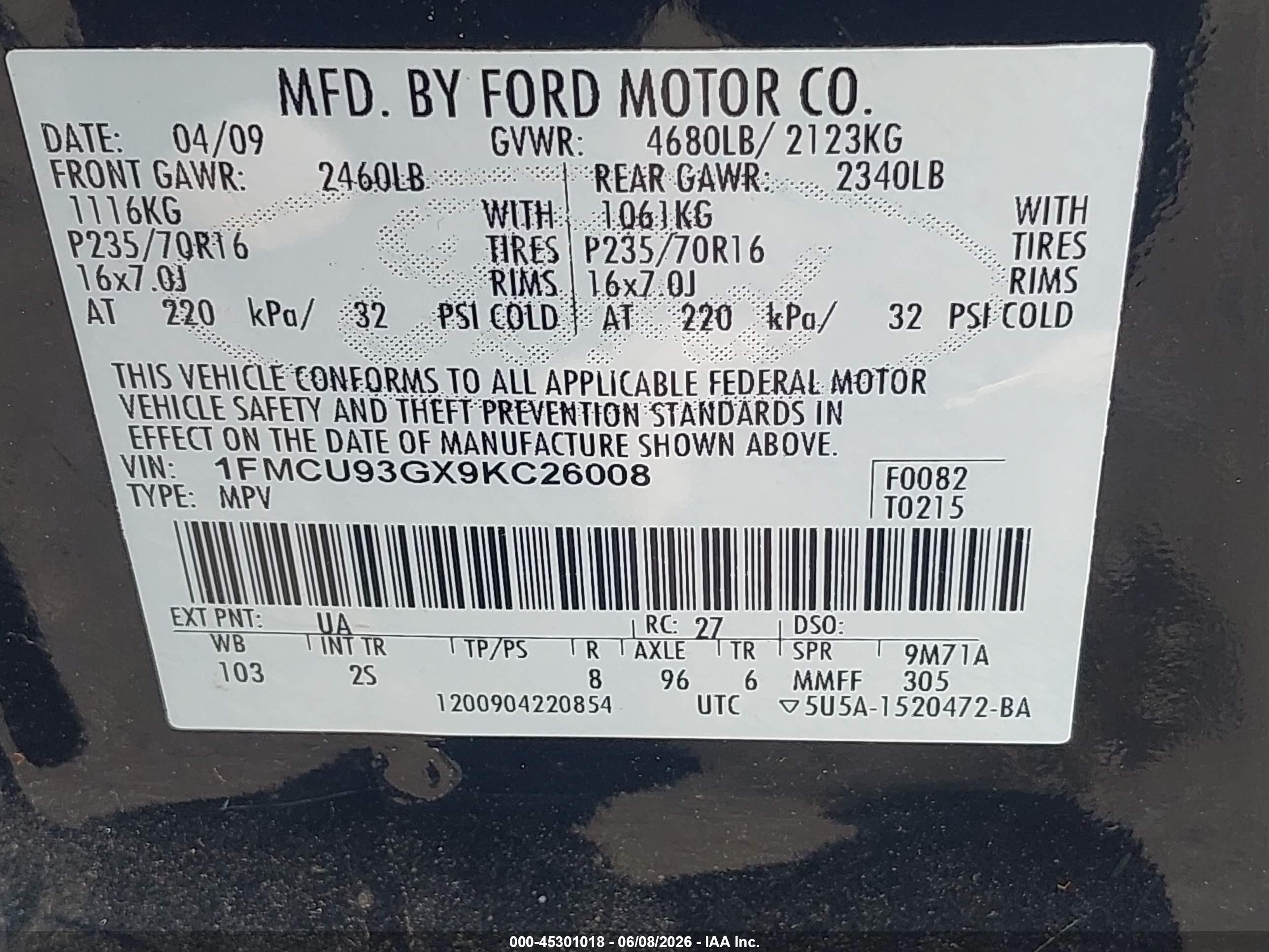2009 Ford Escape Xlt Black vin: 1FMCU93GX9KC26008