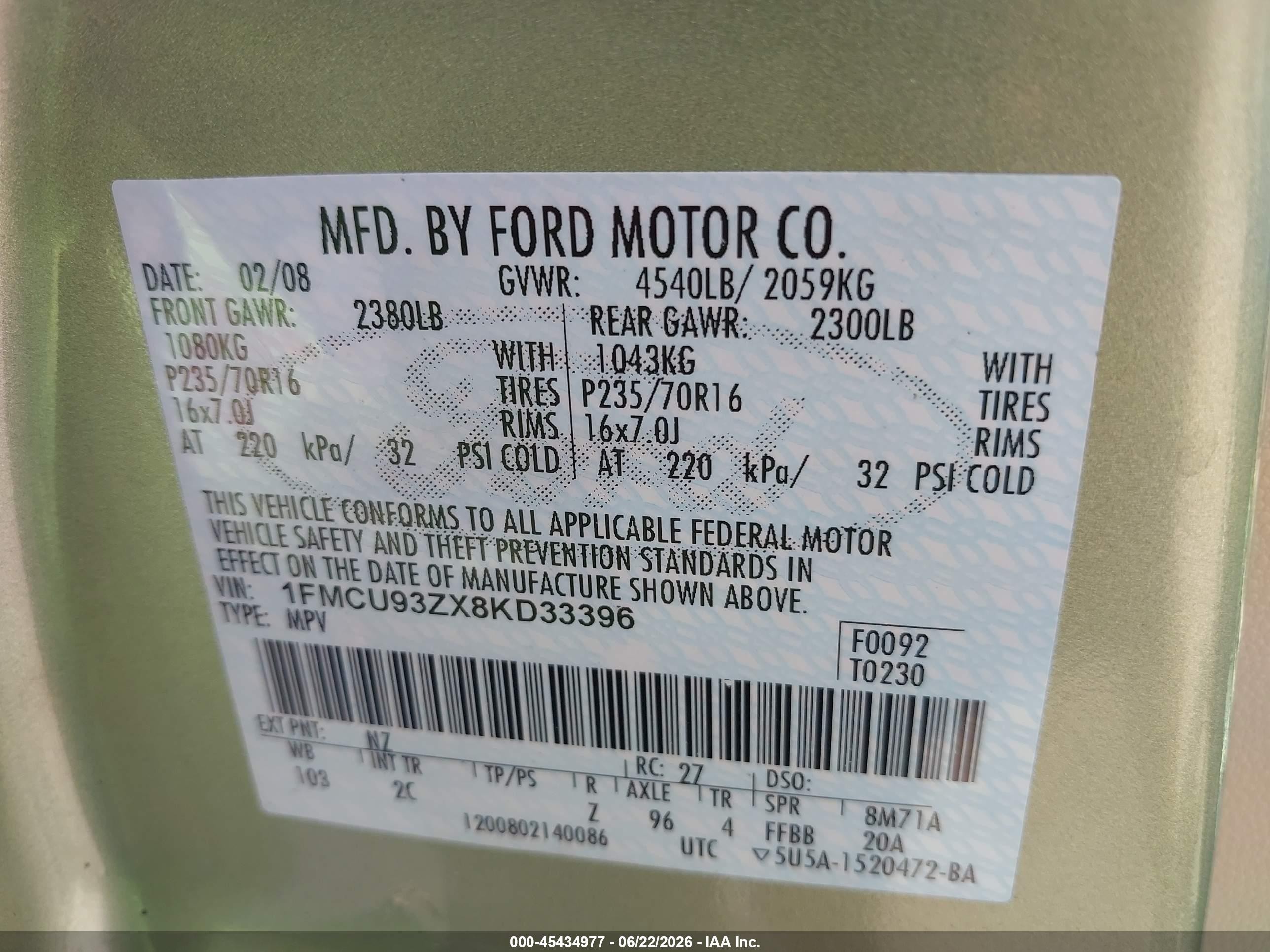 2008 Ford Escape Xlt Green vin: 1FMCU93ZX8KD33396