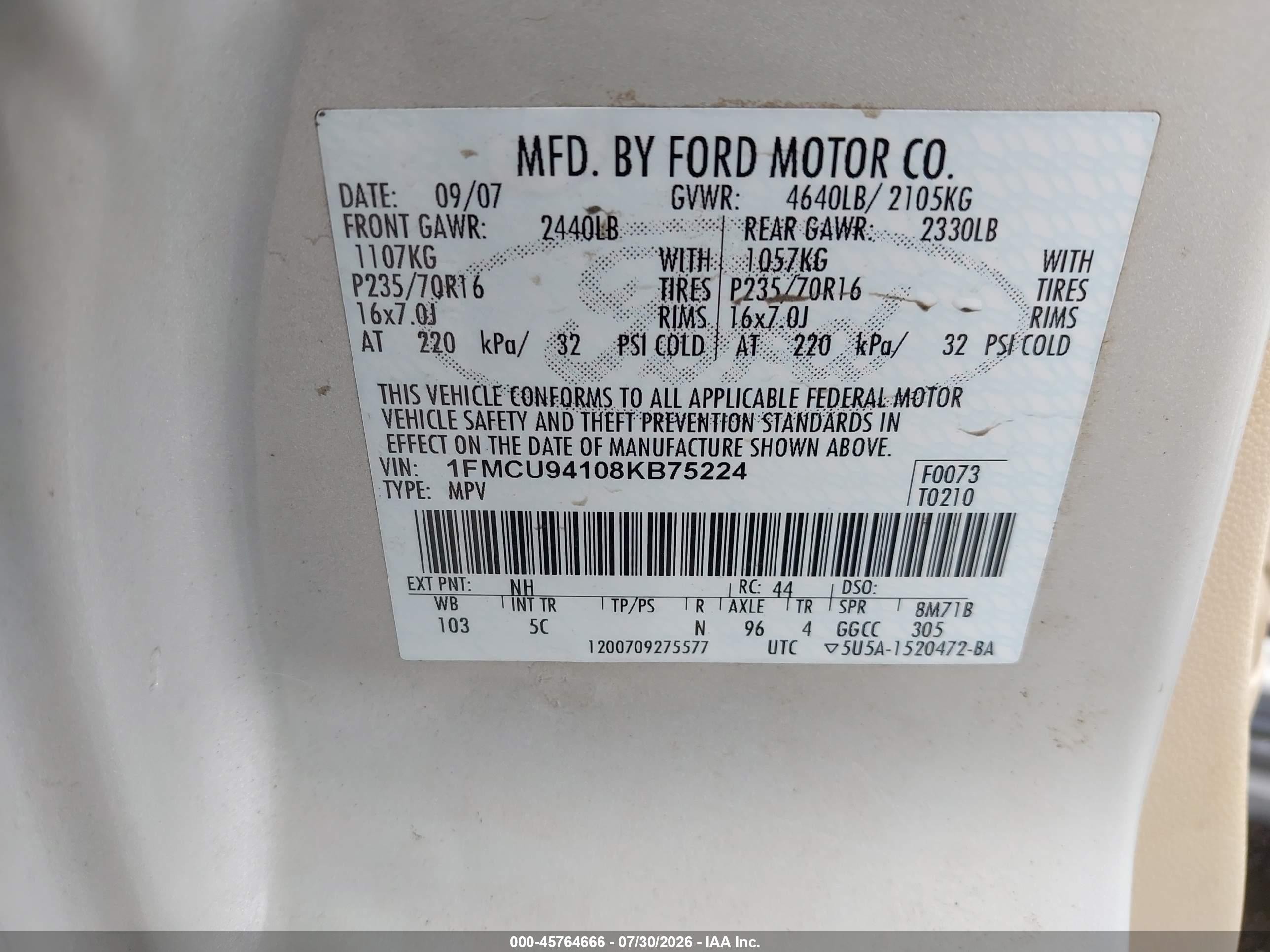 2008 Ford Escape Limited Burgundy vin: 1FMCU94108KB75224