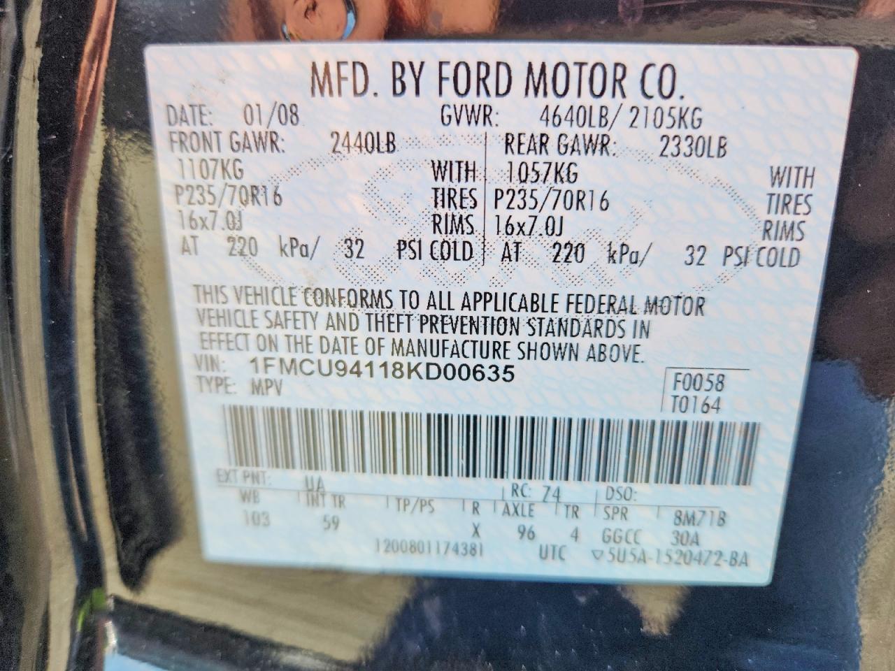 2008 Ford Escape Limited Black vin: 1FMCU94118KD00635