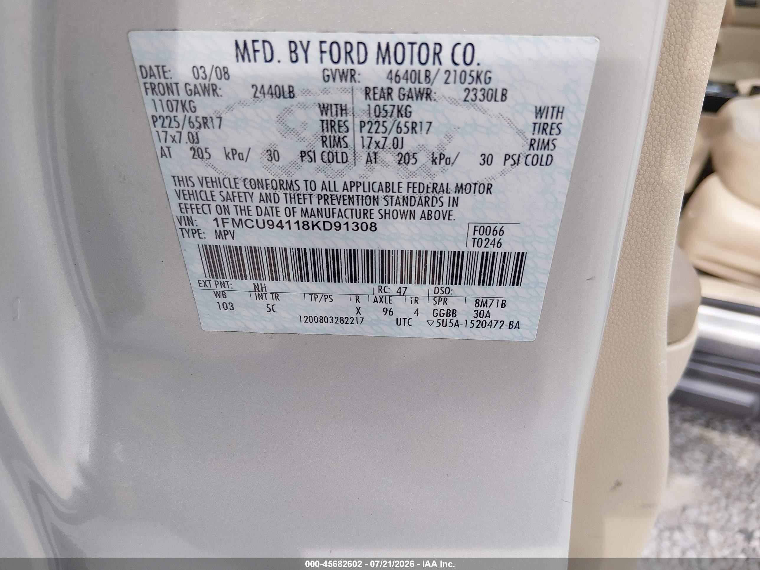 2008 Ford Escape Limited Cream vin: 1FMCU94118KD91308