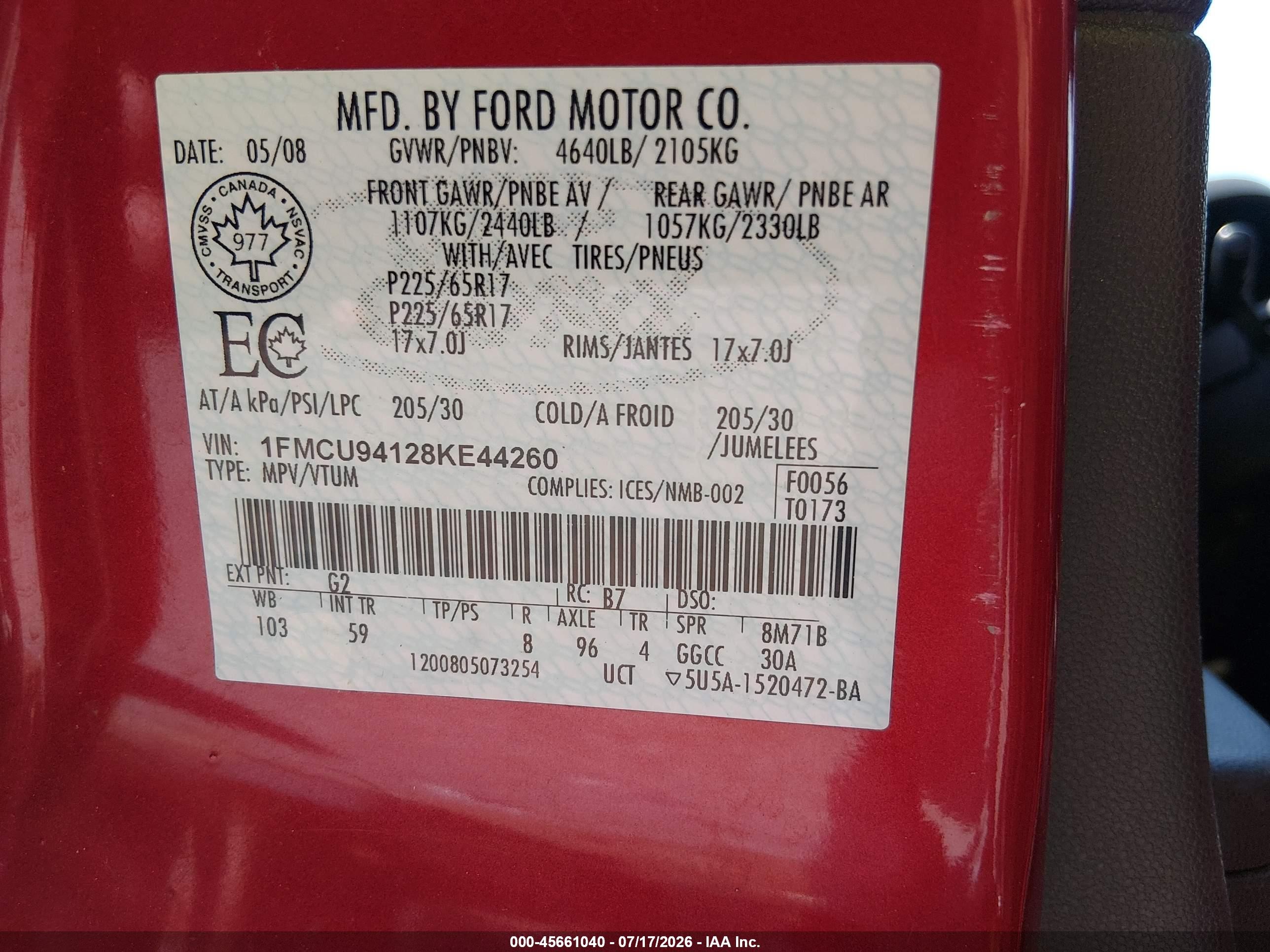 2008 Ford Escape Limited Red vin: 1FMCU94128KE44260