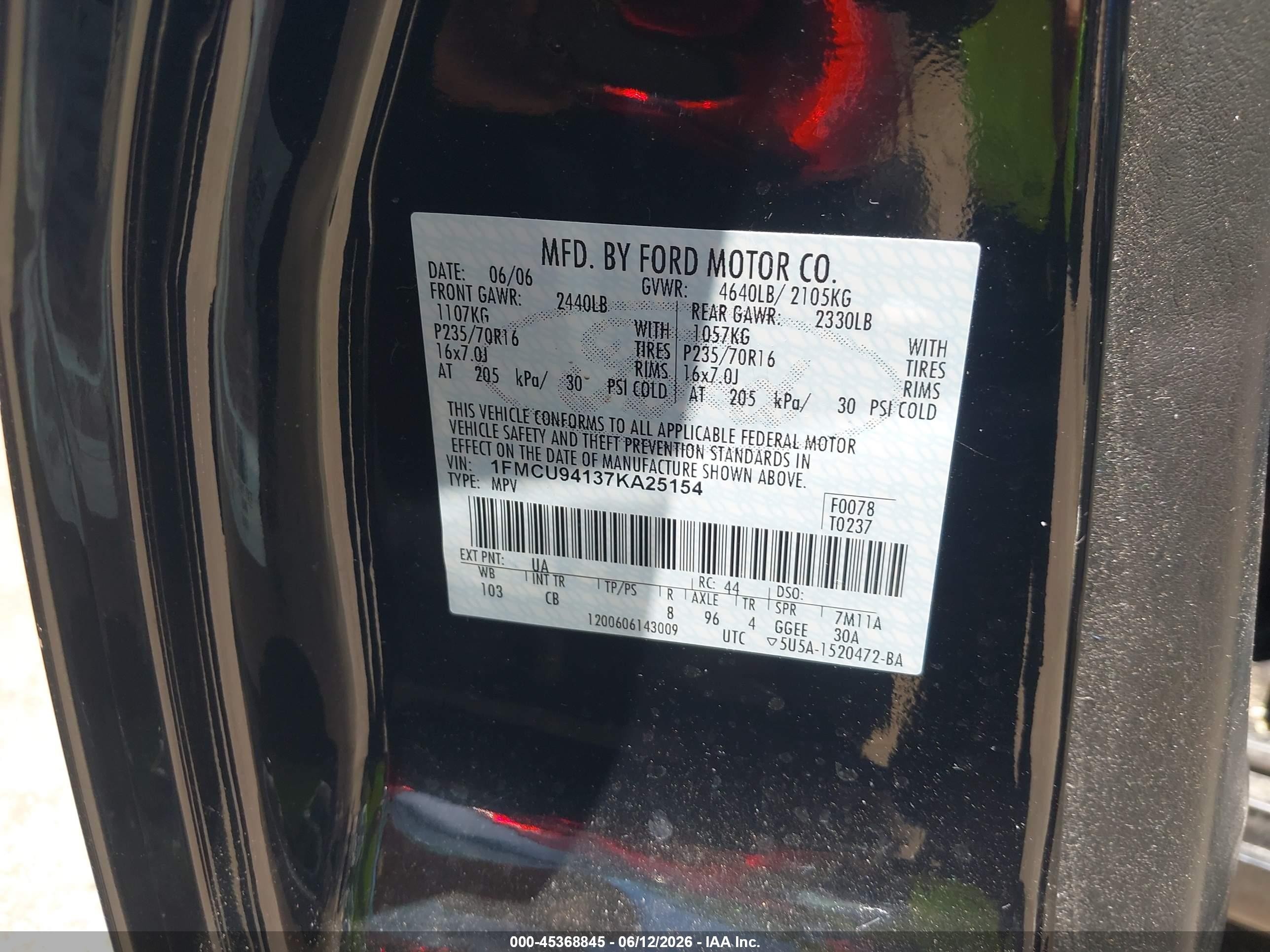2007 Ford Escape Limited Black vin: 1FMCU94137KA25154