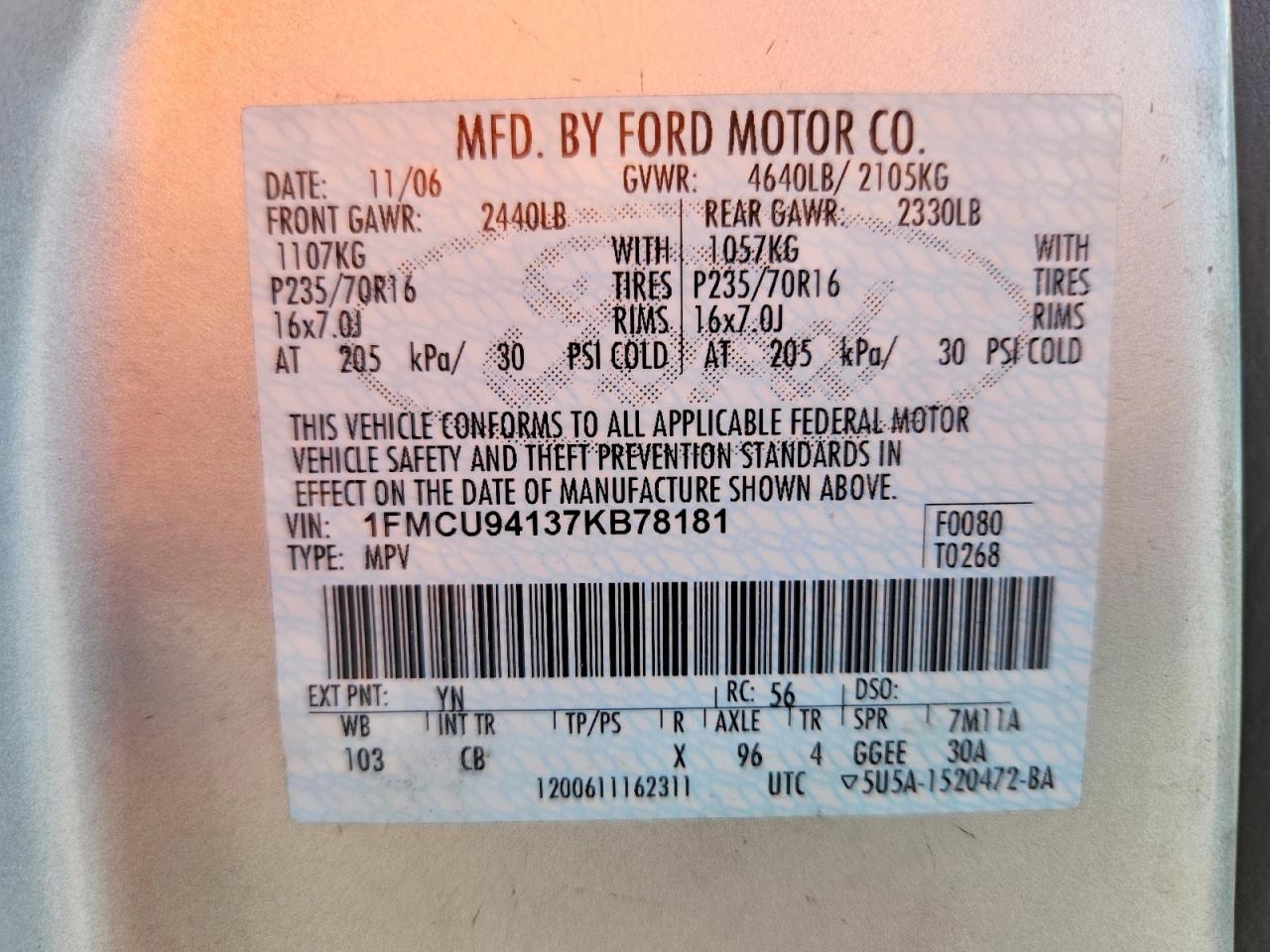 2007 Ford Escape Limited Silver vin: 1FMCU94137KB78181