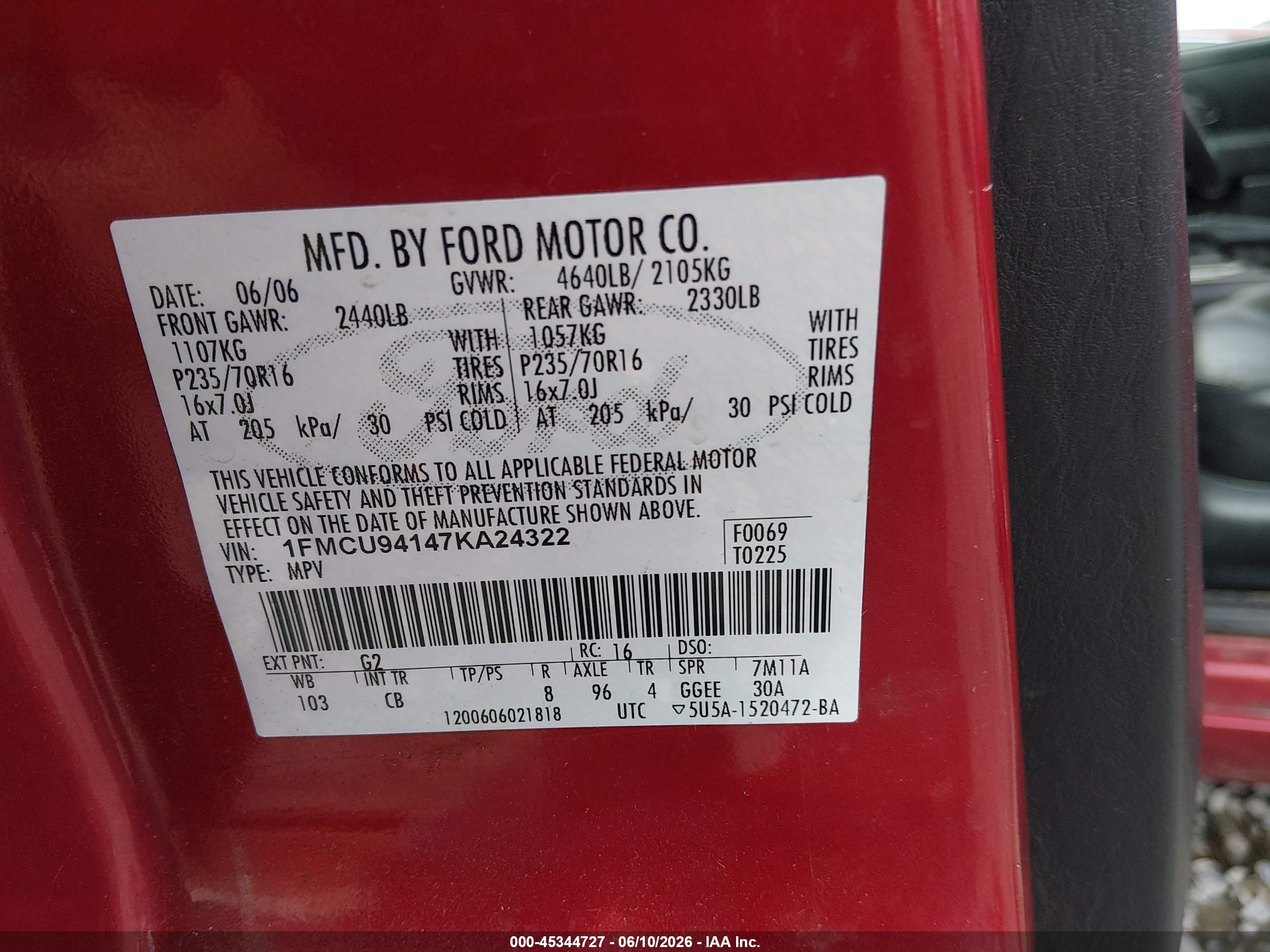 2007 Ford Escape Limited Red vin: 1FMCU94147KA24322