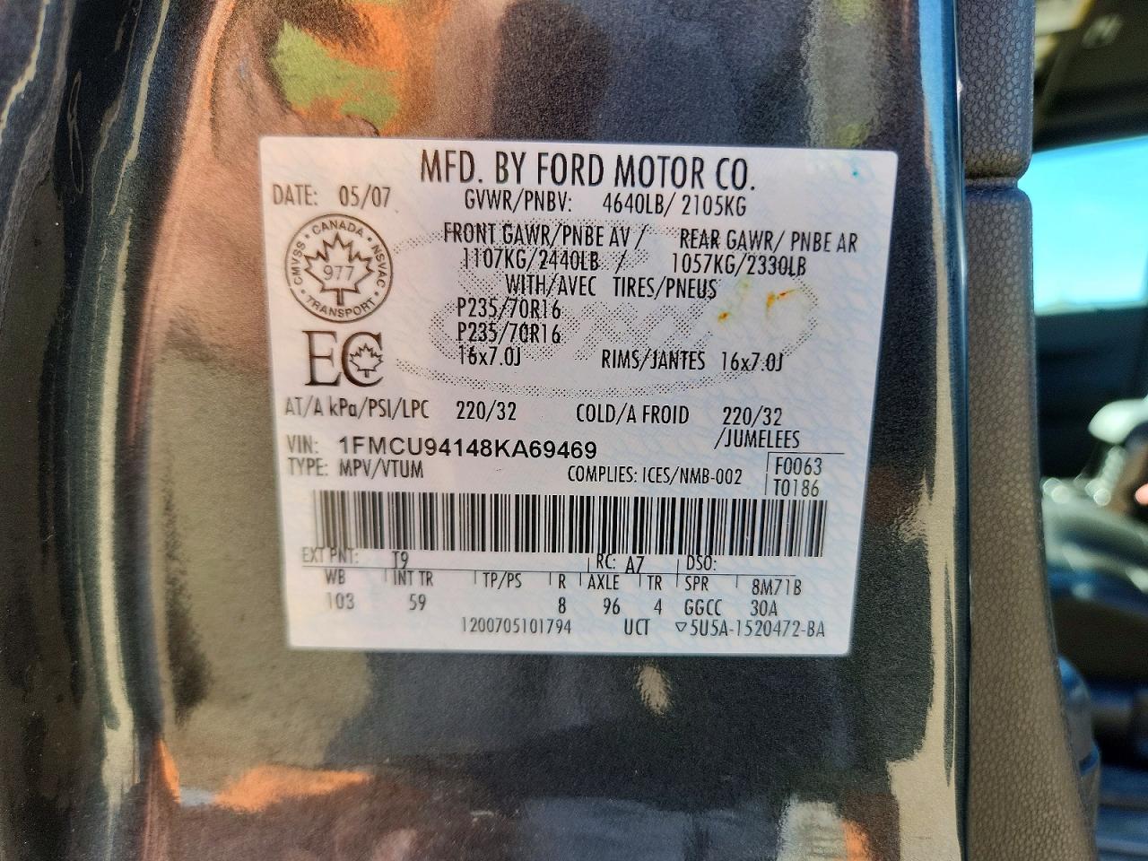 2008 Ford Escape Limited Charcoal vin: 1FMCU94148KA69469