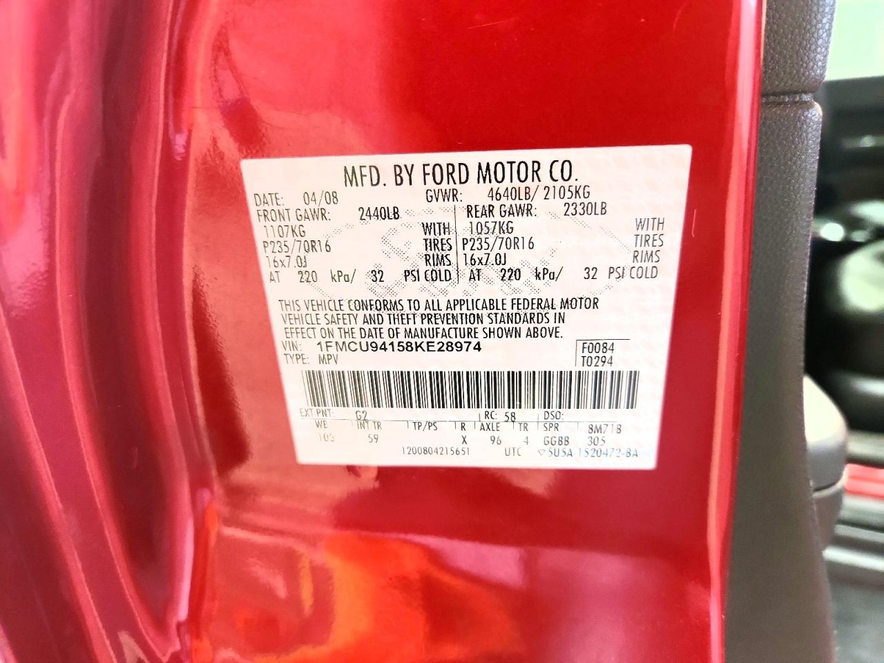 2008 Ford Escape Limited Red vin: 1FMCU94158KE28974