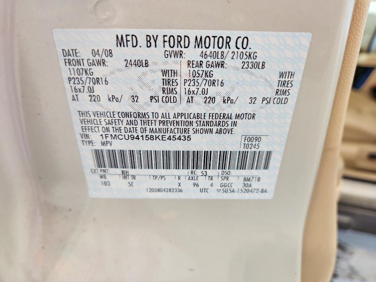 2008 Ford Escape Limited Tan vin: 1FMCU94158KE45435