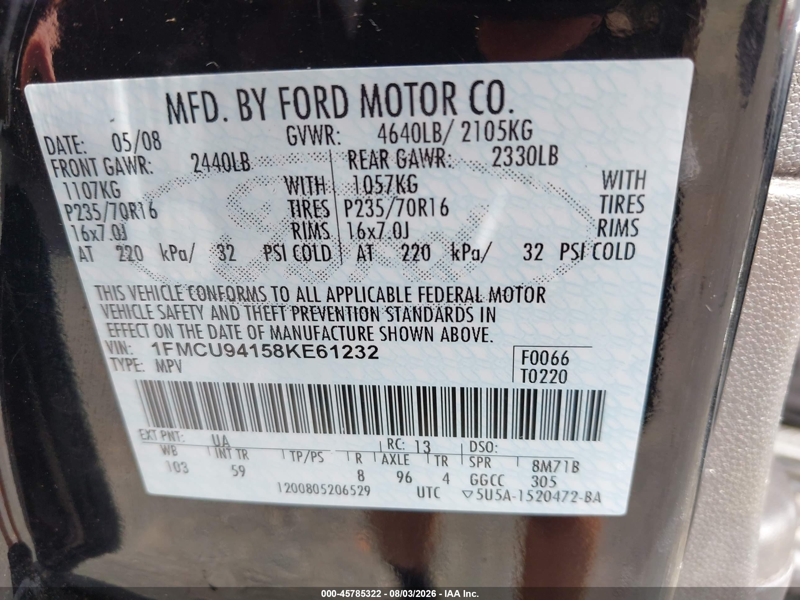 2008 Ford Escape Limited Black vin: 1FMCU94158KE61232