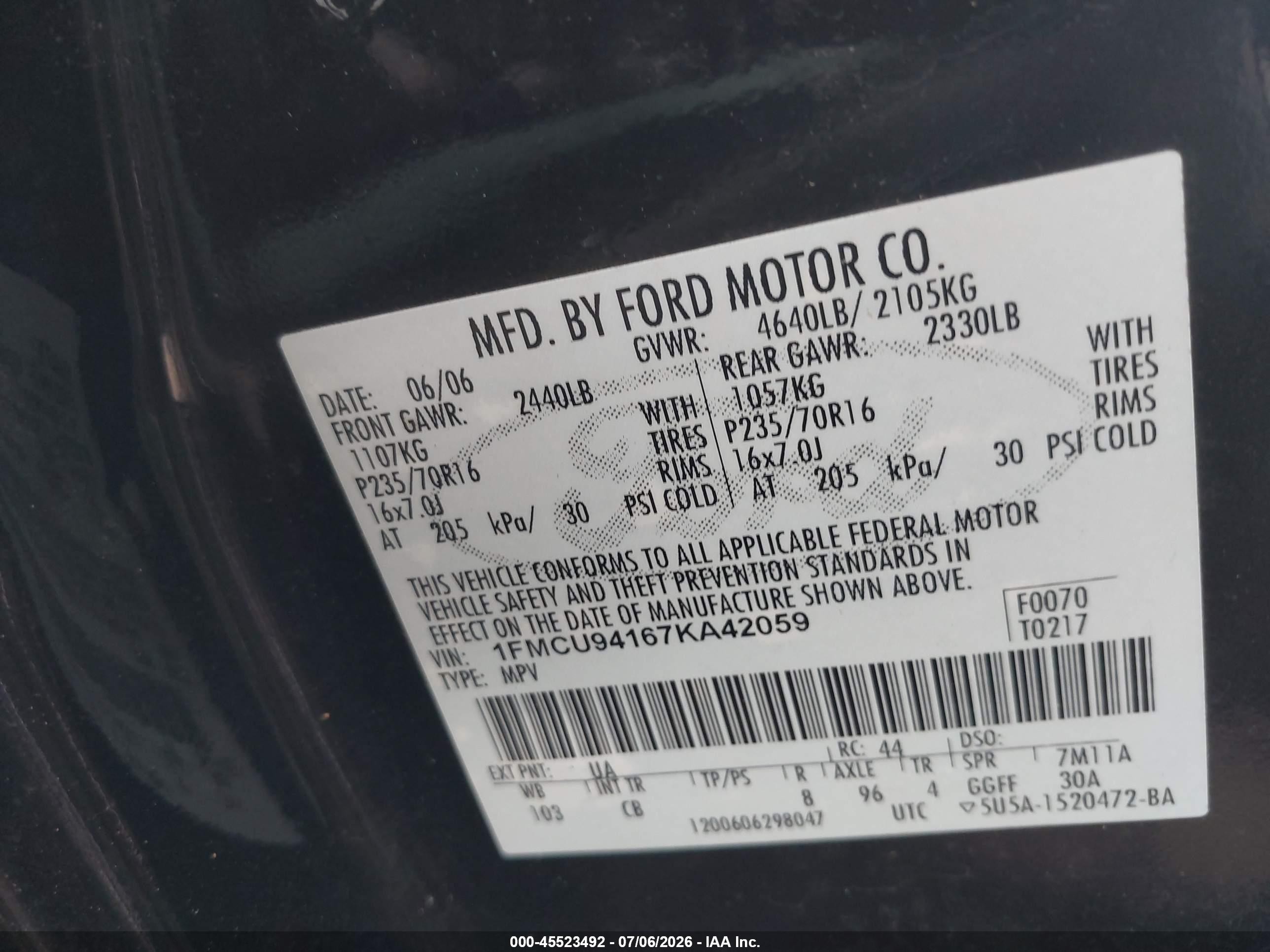 2007 Ford Escape Limited Black vin: 1FMCU94167KA42059