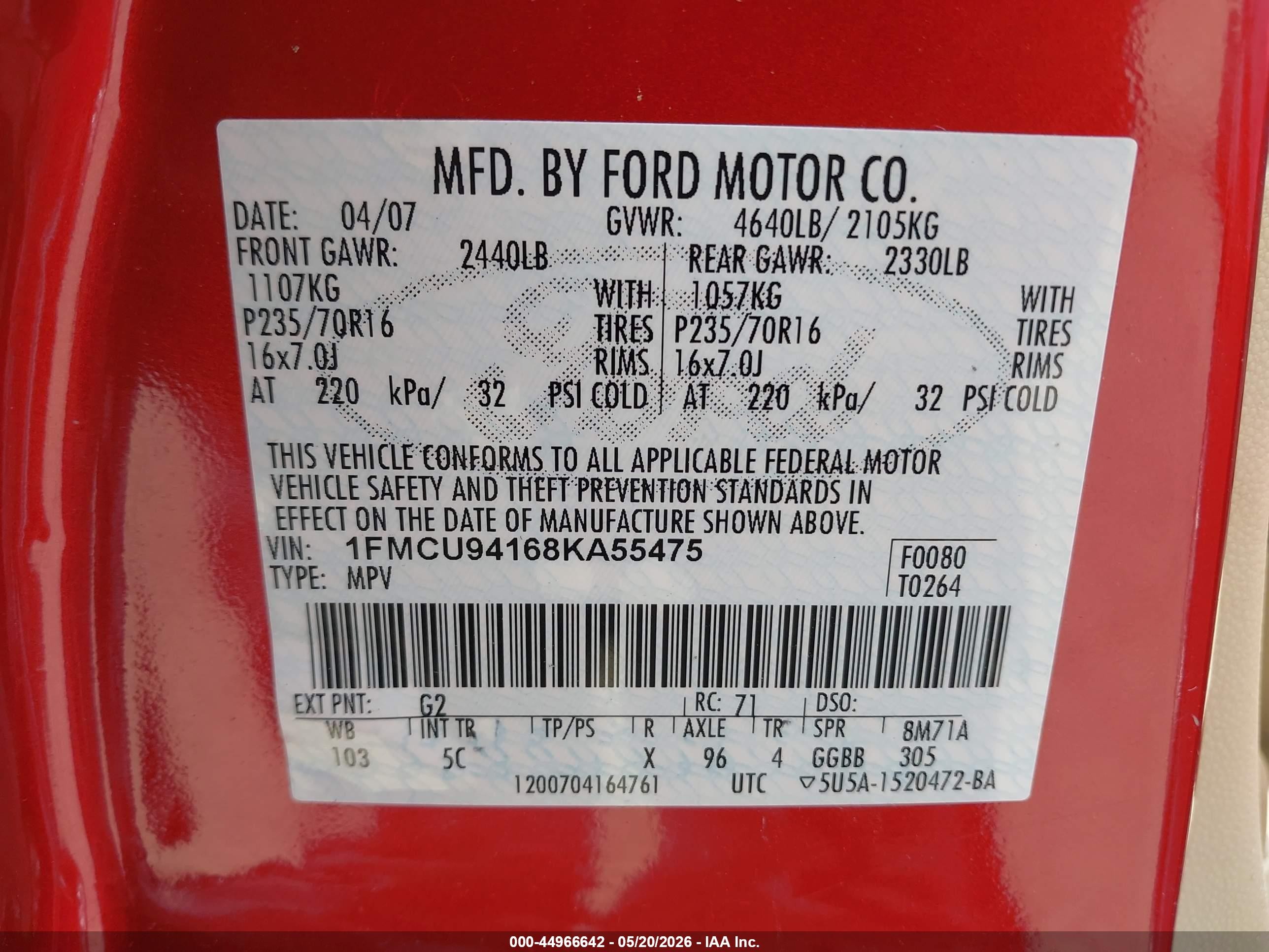 2008 Ford Escape Limited Red vin: 1FMCU94168KA55475
