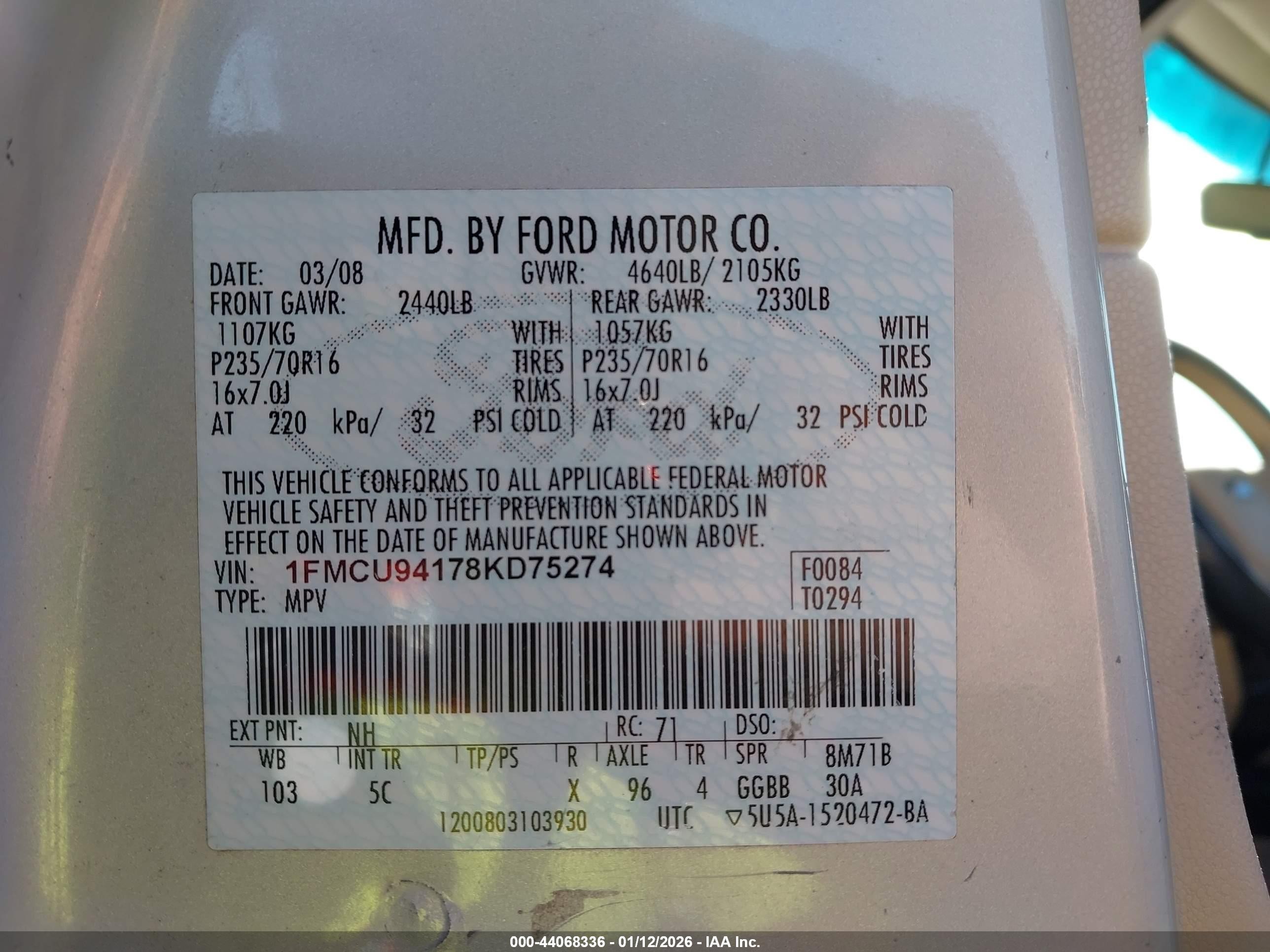 2008 Ford Escape Limited White vin: 1FMCU94178KD75274