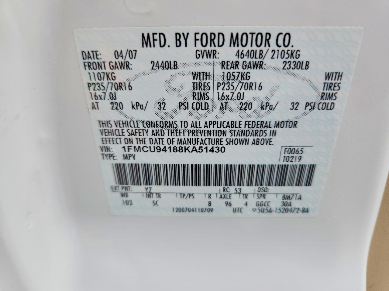2008 Ford Escape Limited White vin: 1FMCU94188KA51430