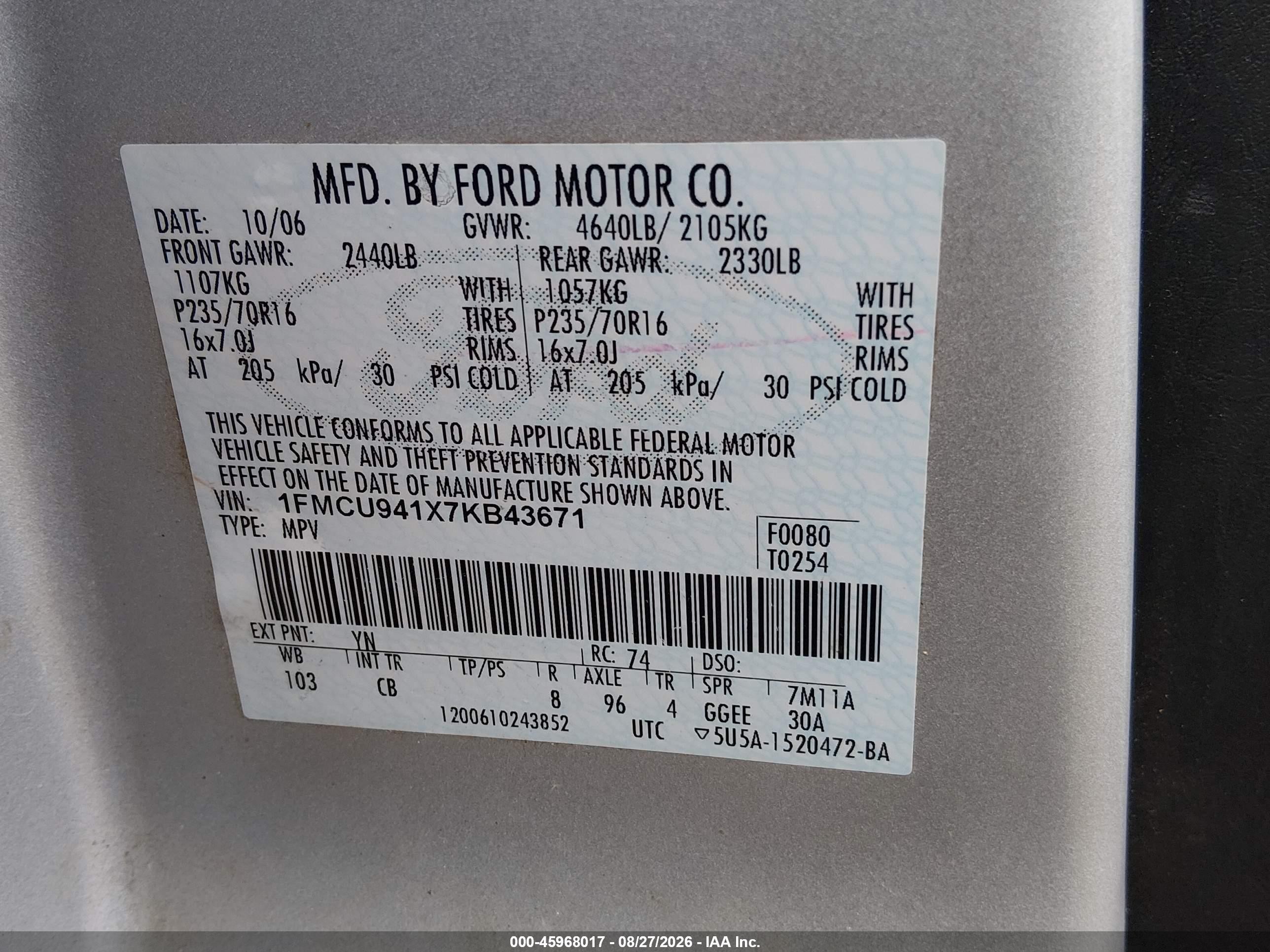 2007 Ford Escape Limited Серебряный vin: 1FMCU941X7KB43671