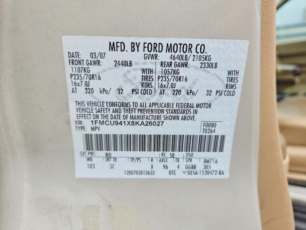 2008 Ford Escape Limited Cream vin: 1FMCU941X8KA26027
