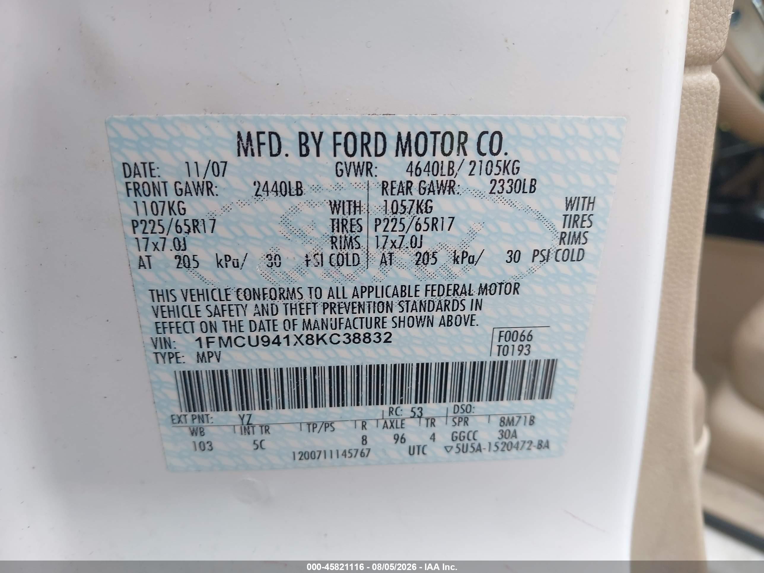 2008 Ford Escape Limited White vin: 1FMCU941X8KC38832