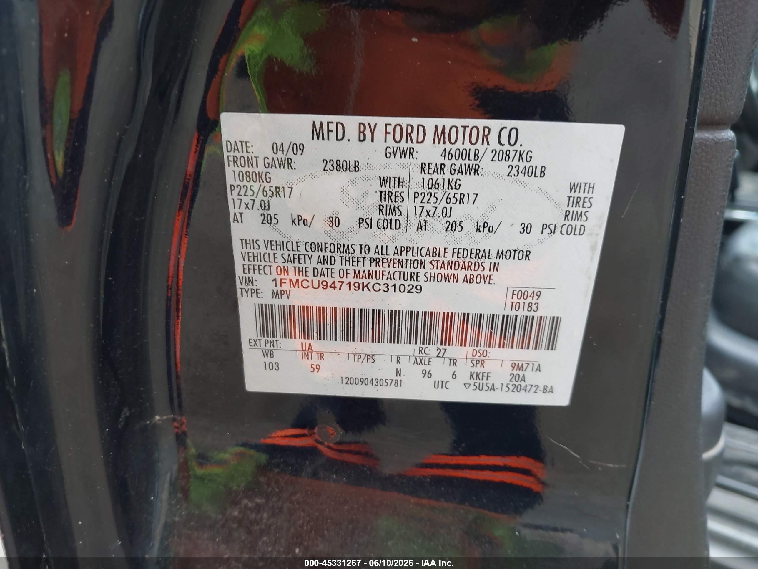 2009 Ford Escape Limited Black vin: 1FMCU94719KC31029