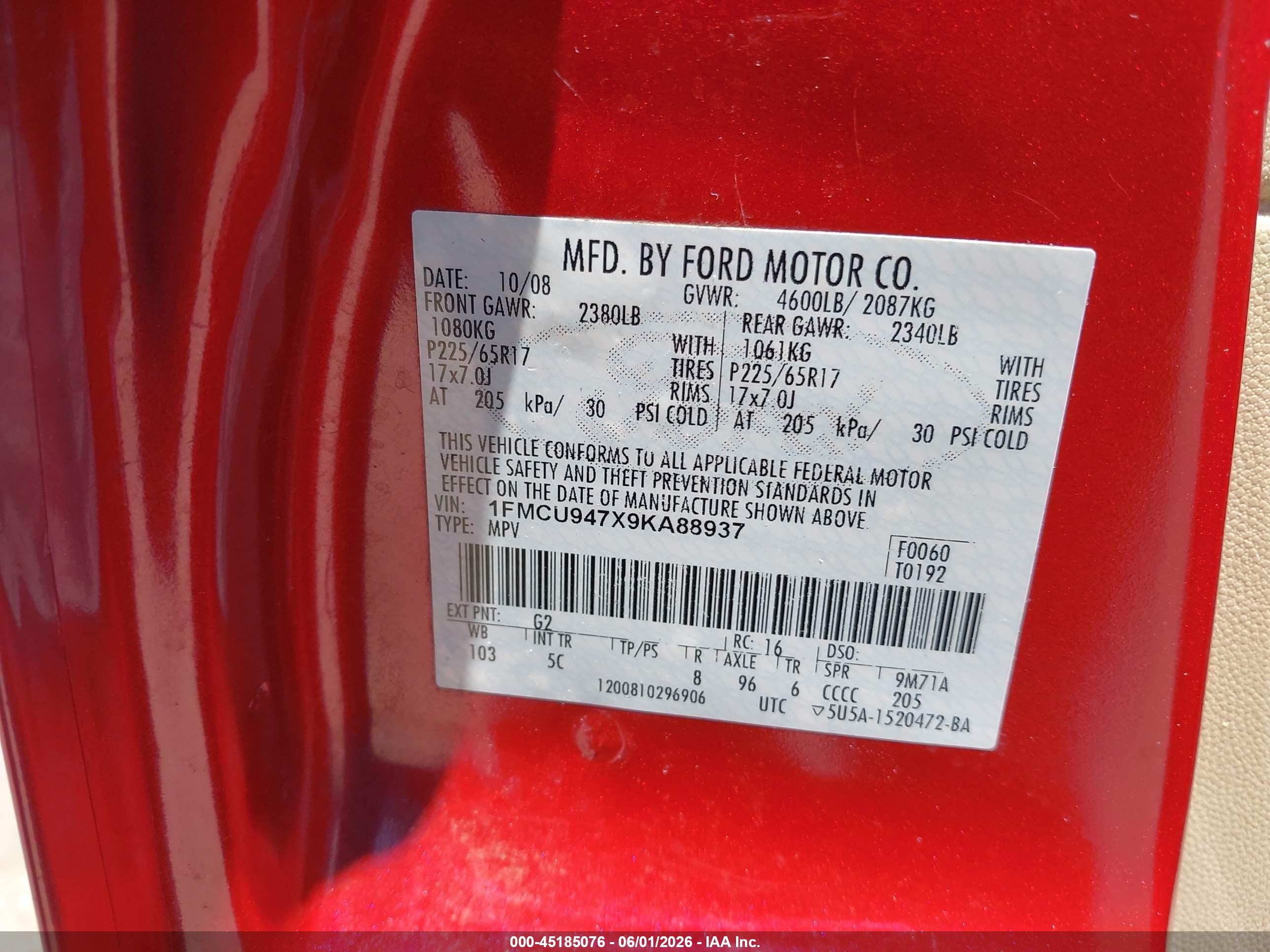 2009 Ford Escape Limited Red vin: 1FMCU947X9KA88937