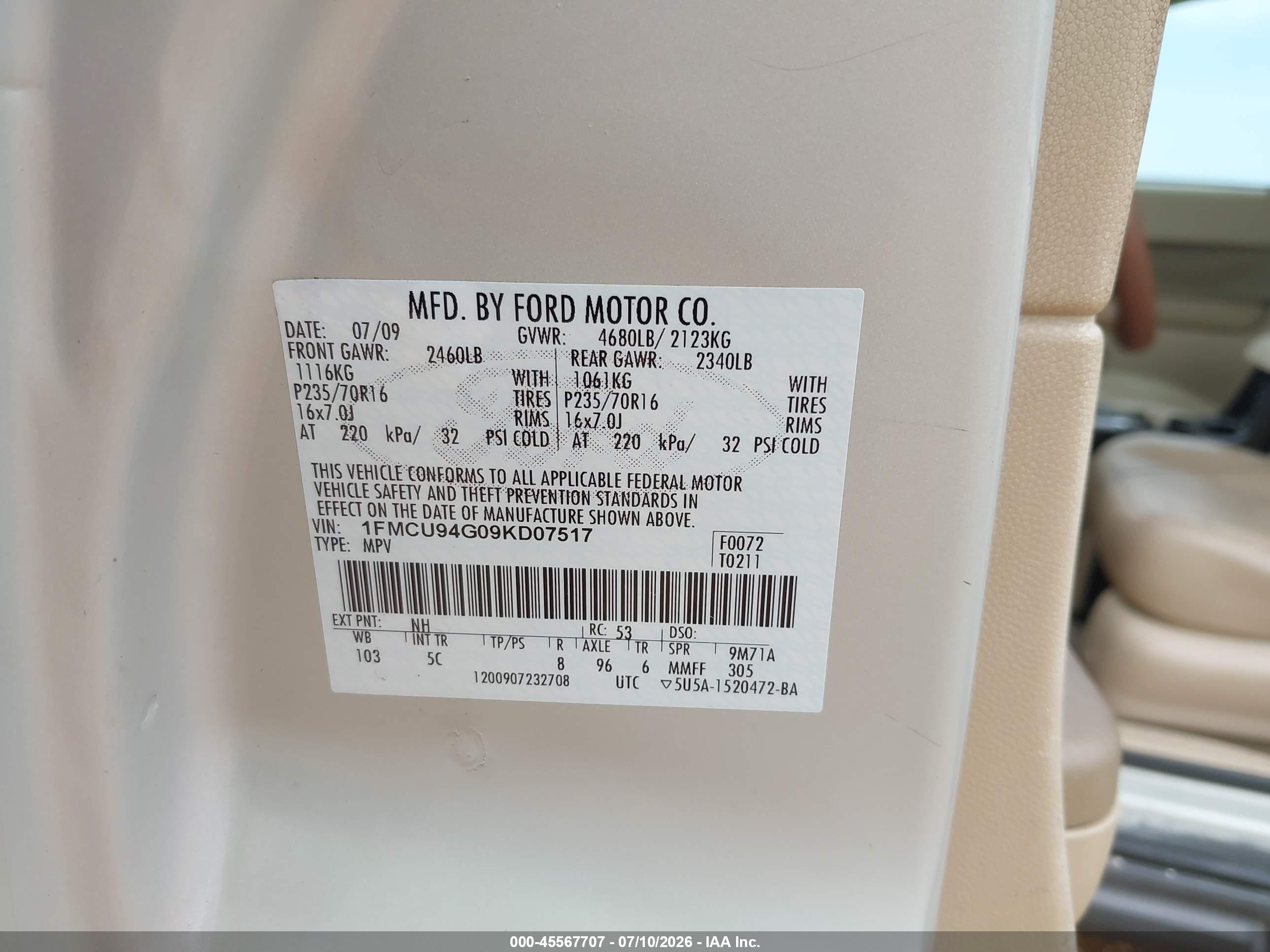 2009 Ford Escape Limited Beige vin: 1FMCU94G09KD07517