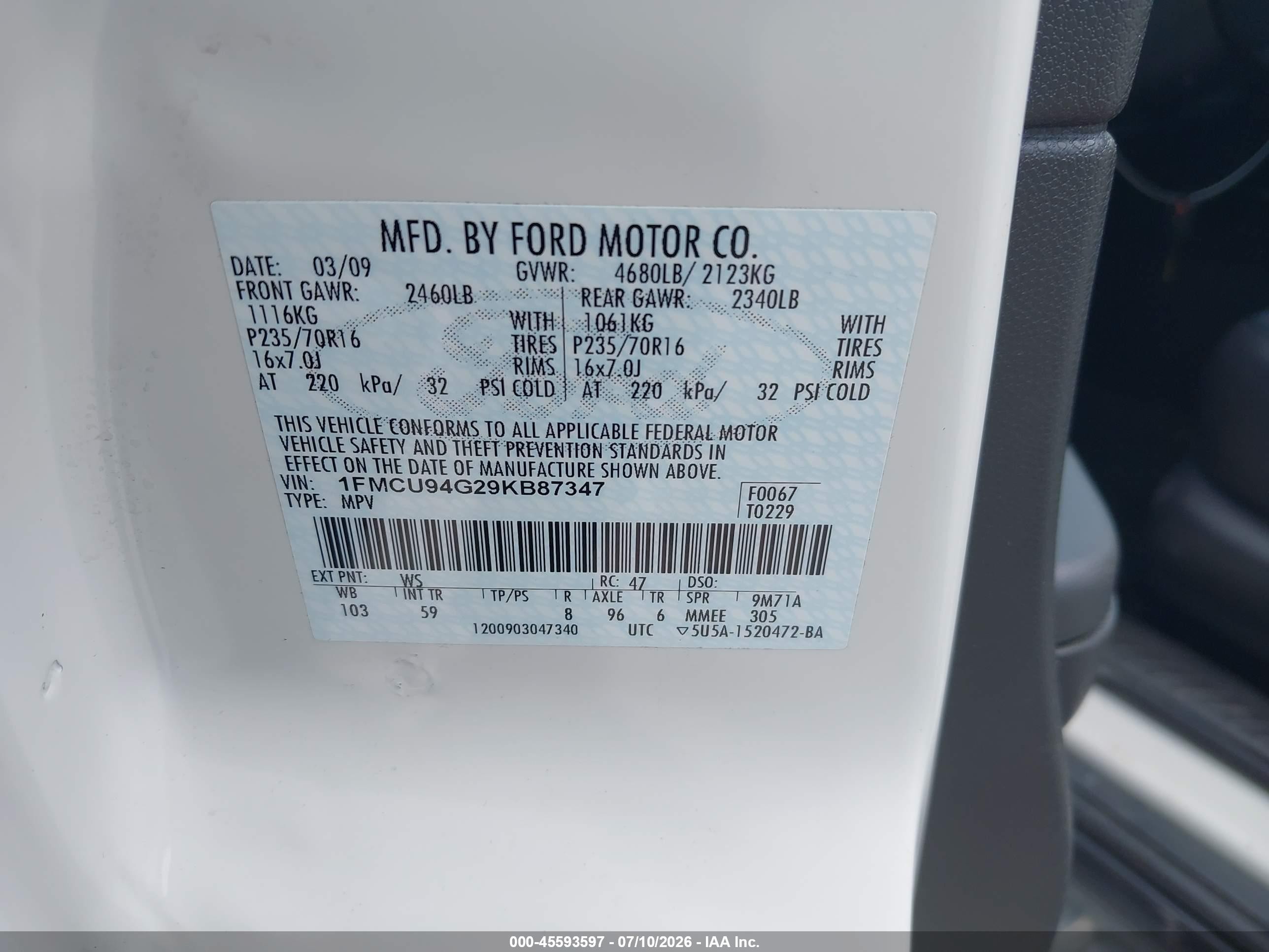 2009 Ford Escape Limited White vin: 1FMCU94G29KB87347
