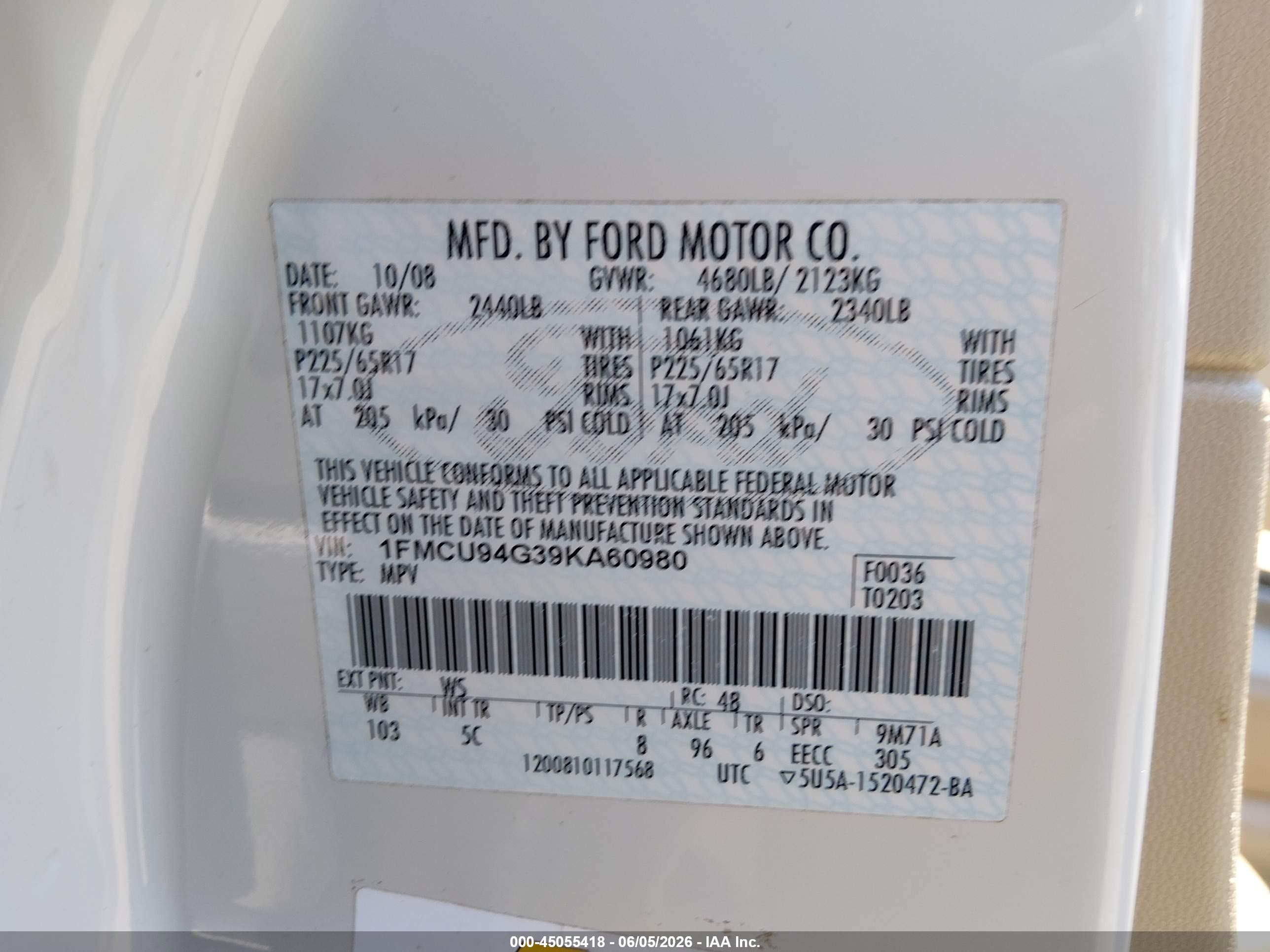 2009 Ford Escape Limited White vin: 1FMCU94G39KA60980