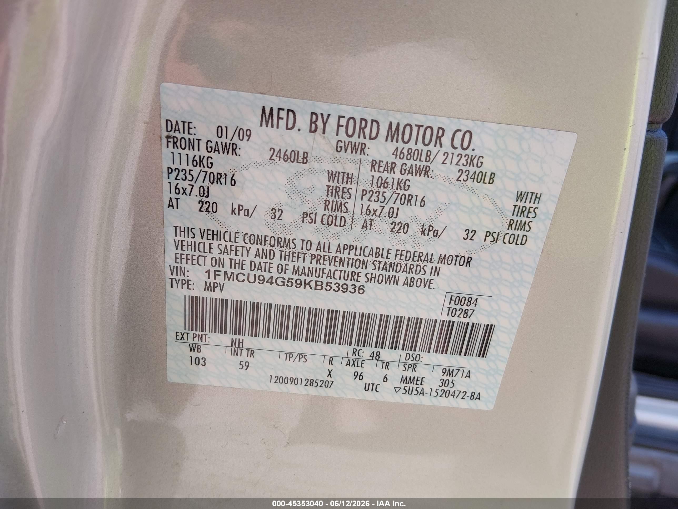 2009 Ford Escape Limited Gold vin: 1FMCU94G59KB53936