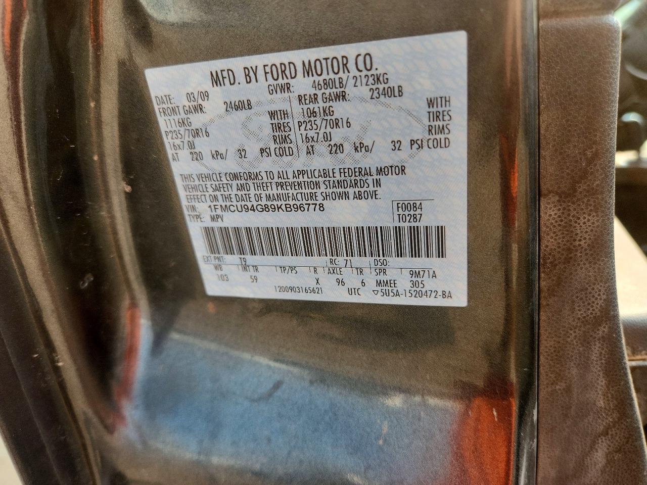 2009 Ford Escape Limited Gray vin: 1FMCU94G89KB96778