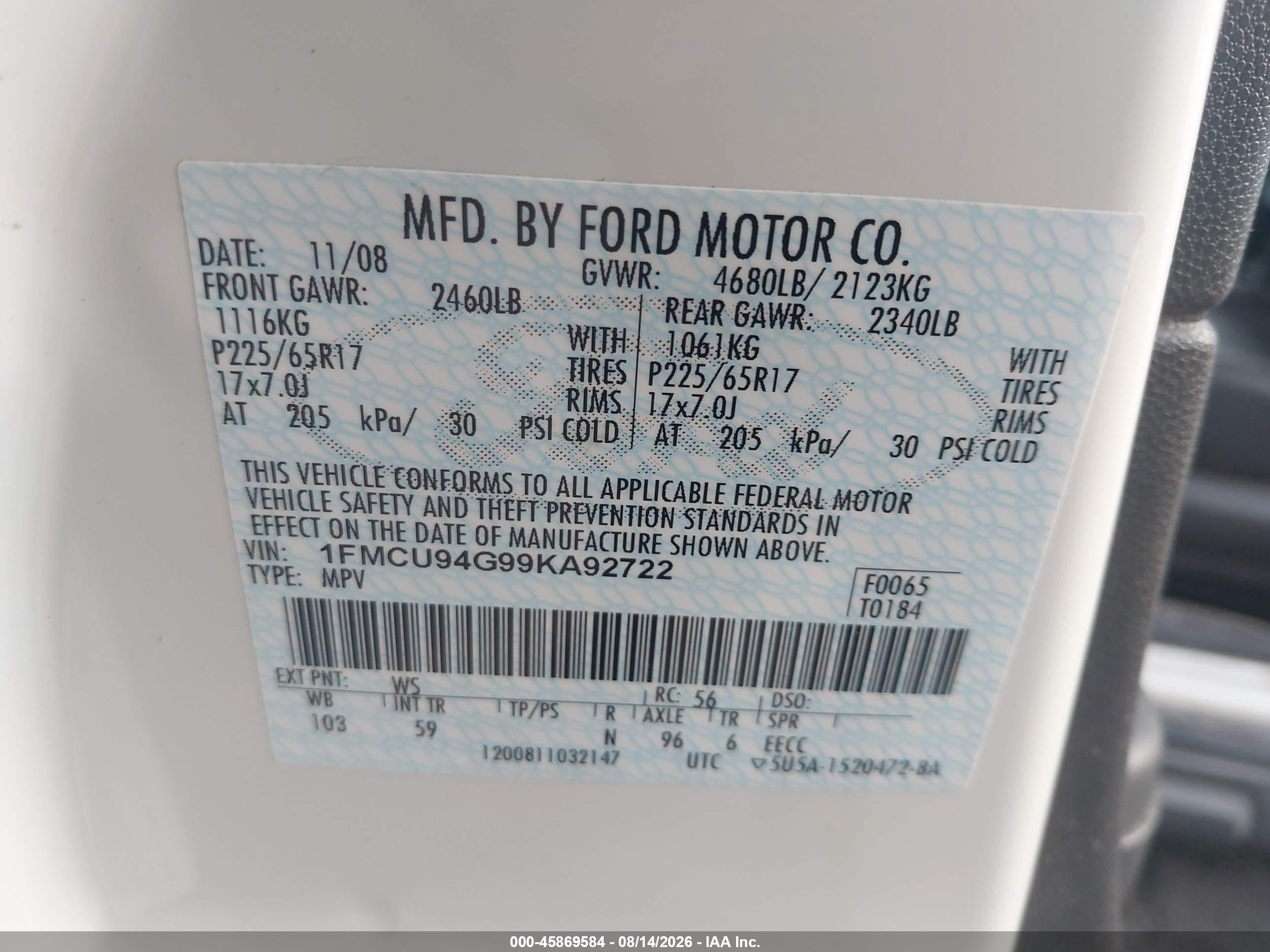 2009 Ford Escape Limited White vin: 1FMCU94G99KA92722