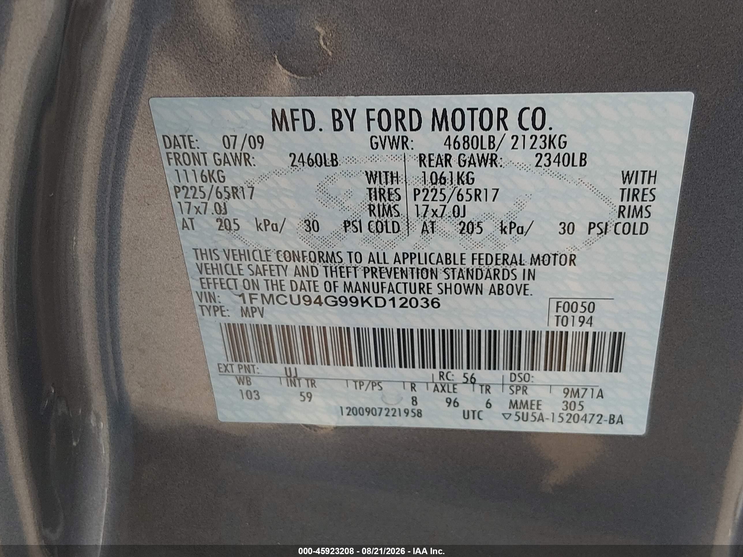 2009 Ford Escape Limited Gray vin: 1FMCU94G99KD12036