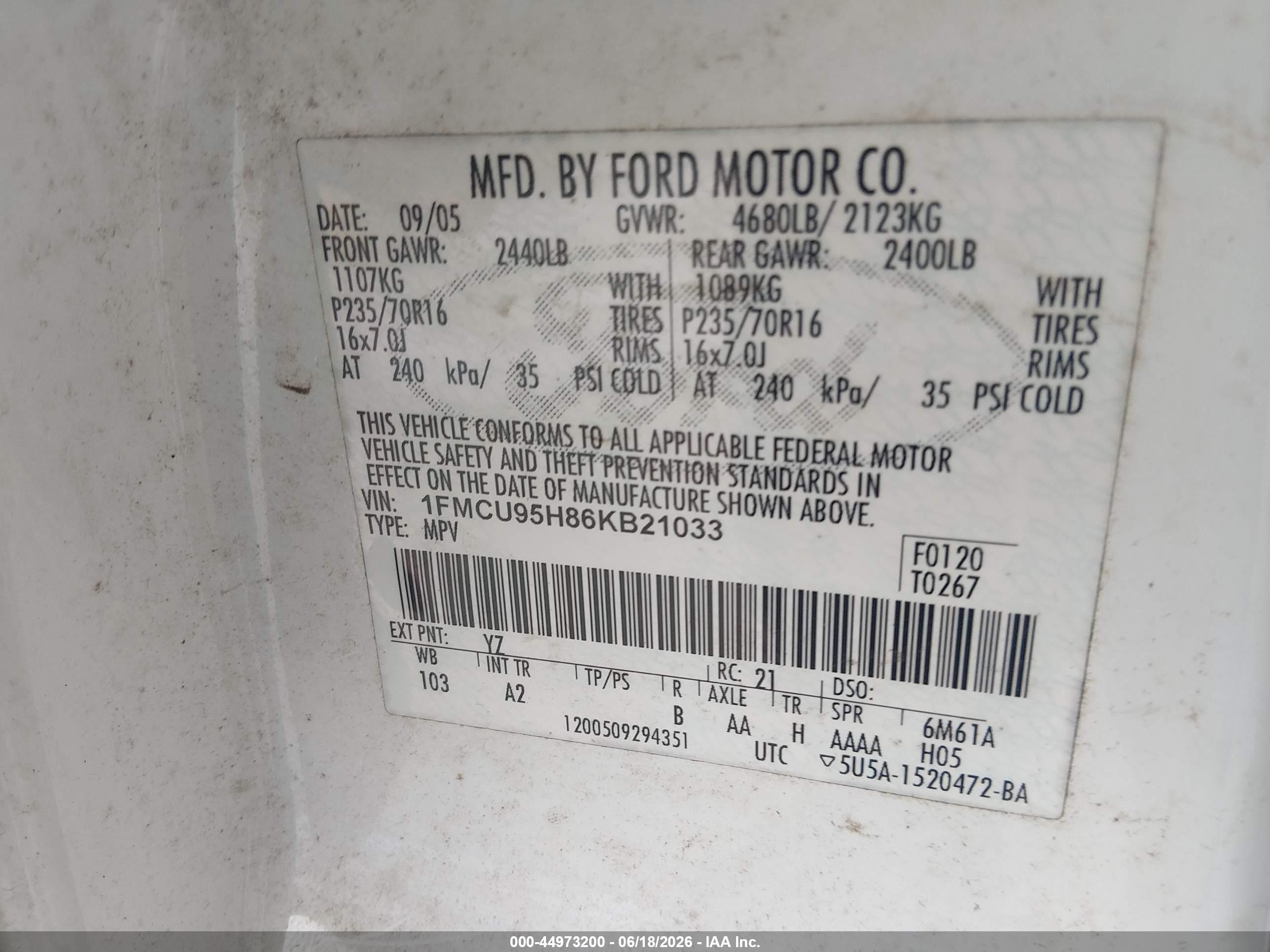 2006 Ford Escape Hybrid   White vin: 1FMCU95H86KB21033