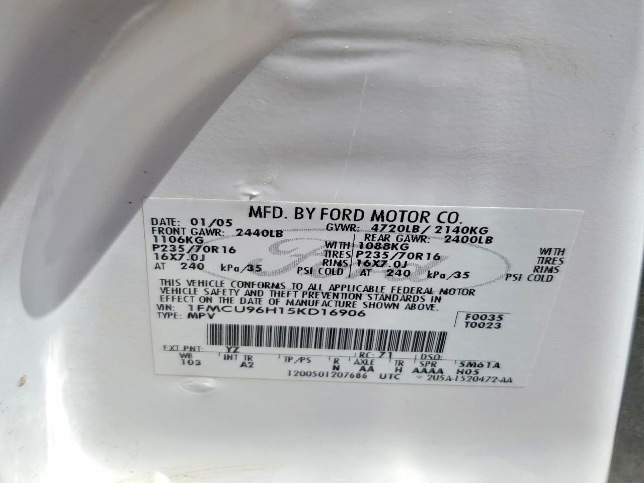 2005 Ford Escape Hev White vin: 1FMCU96H15KD16906