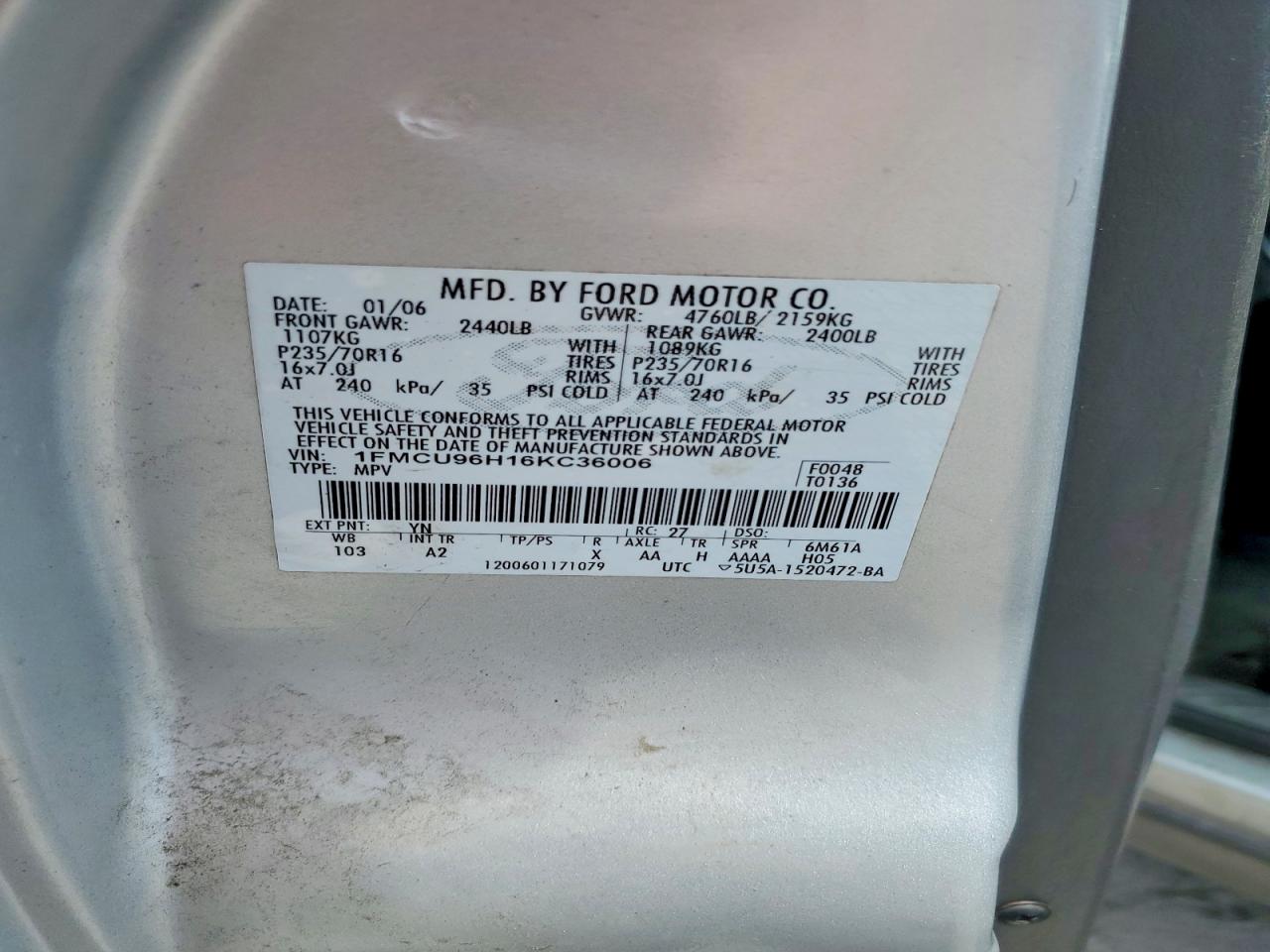 2006 Ford Escape Hev Silver vin: 1FMCU96H16KC36006