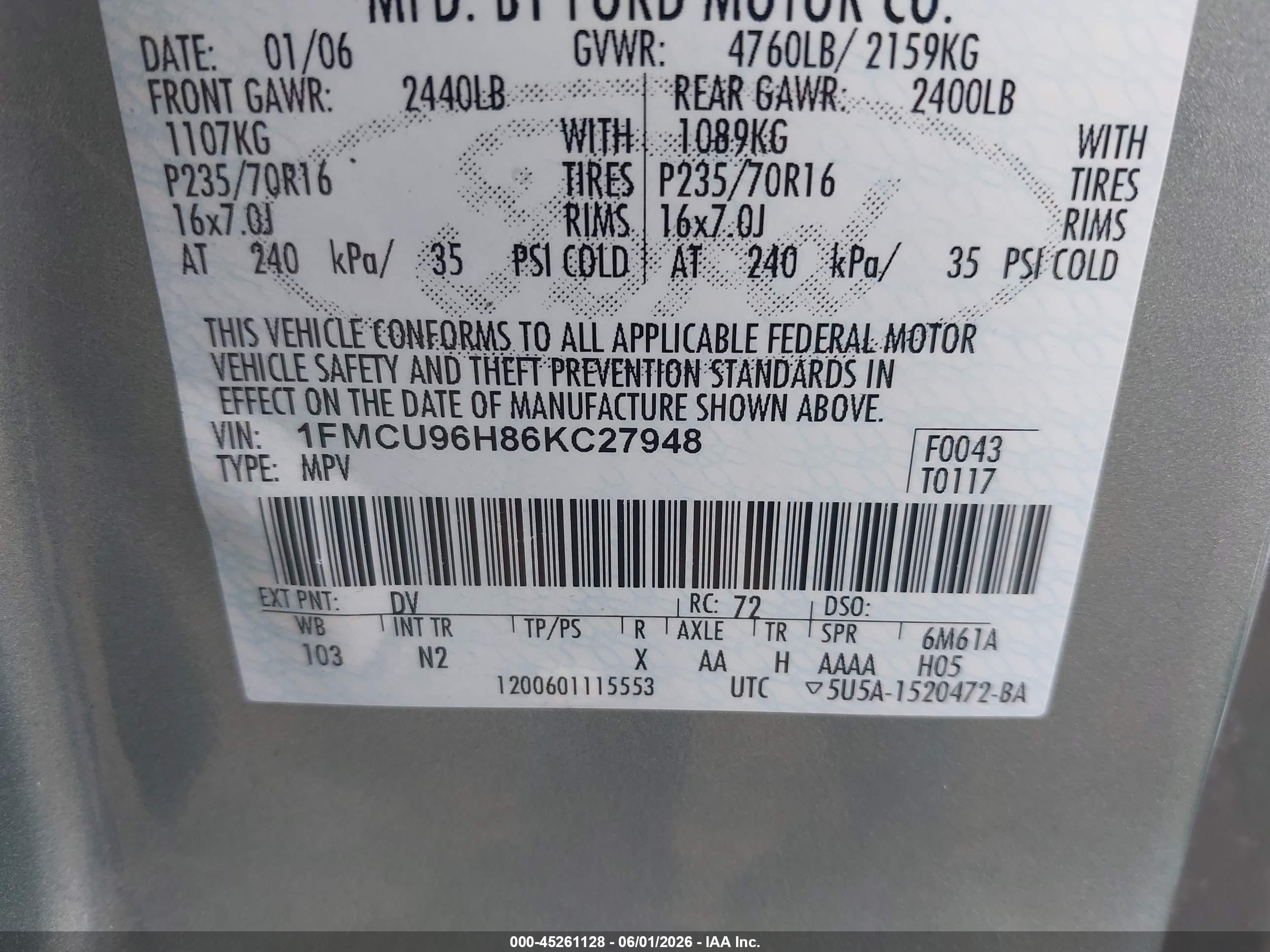2006 Ford Escape Hybrid   Light Blue vin: 1FMCU96H86KC27948