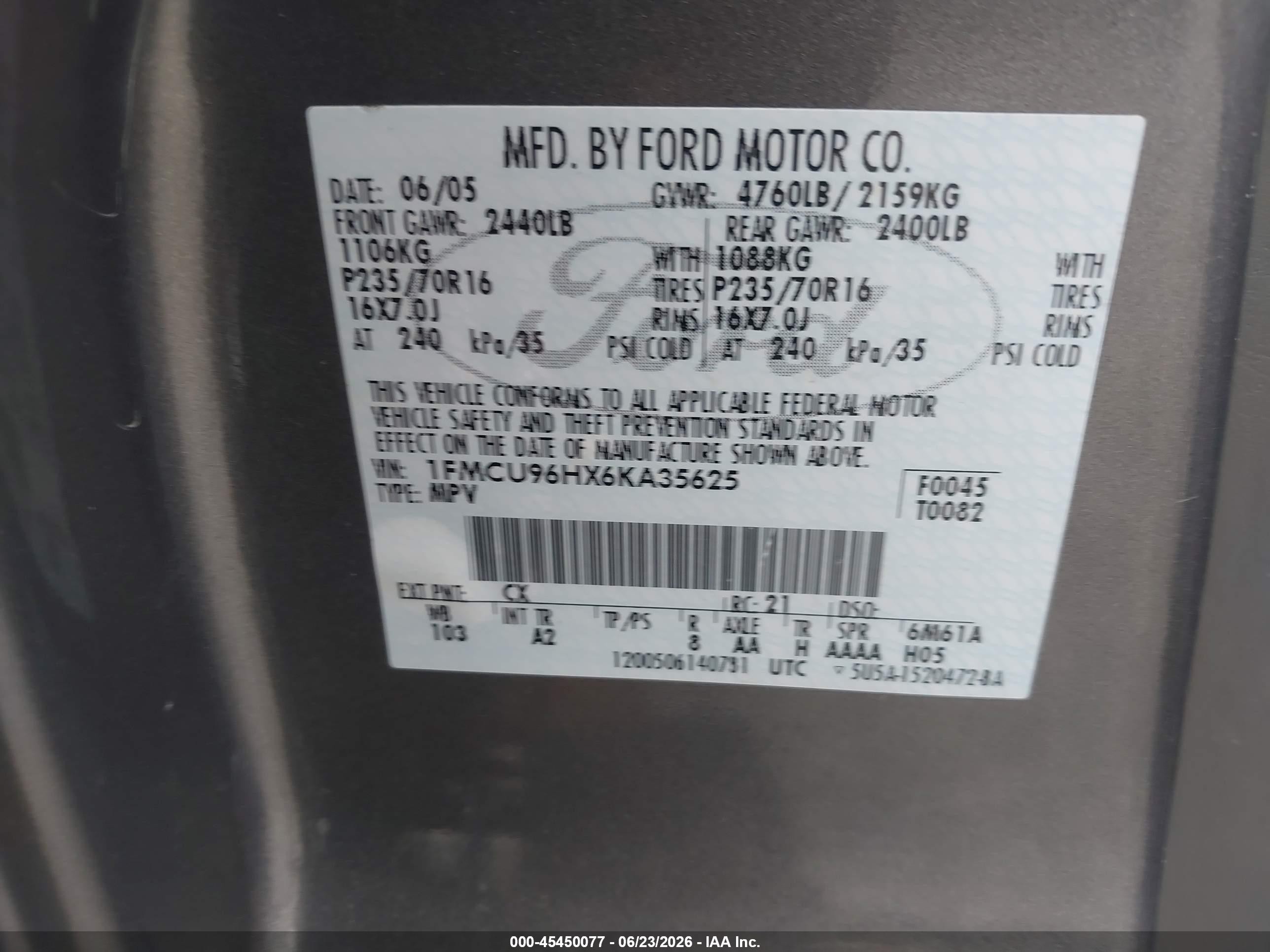 2006 Ford Escape Hybrid   Gray vin: 1FMCU96HX6KA35625