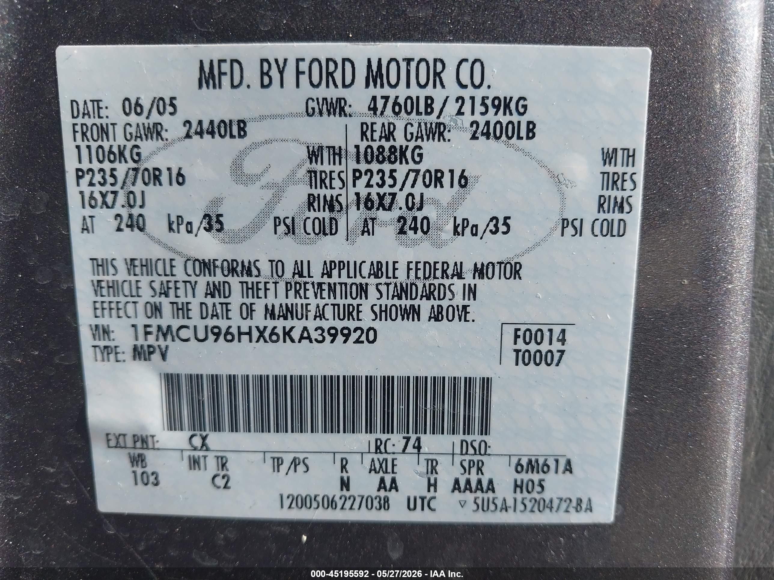2006 Ford Escape Hybrid   Gray vin: 1FMCU96HX6KA39920