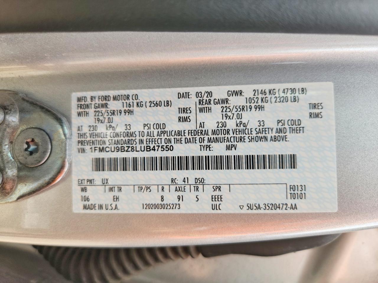 2020 Ford Escape Se Sport Silver vin: 1FMCU9BZ8LUB47550