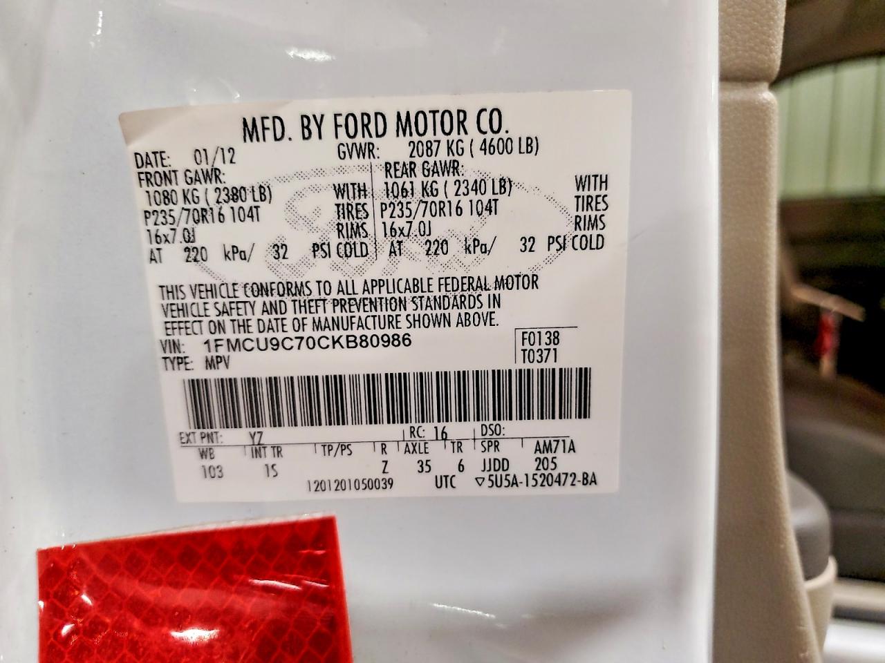2012 Ford Escape Xls White vin: 1FMCU9C70CKB80986