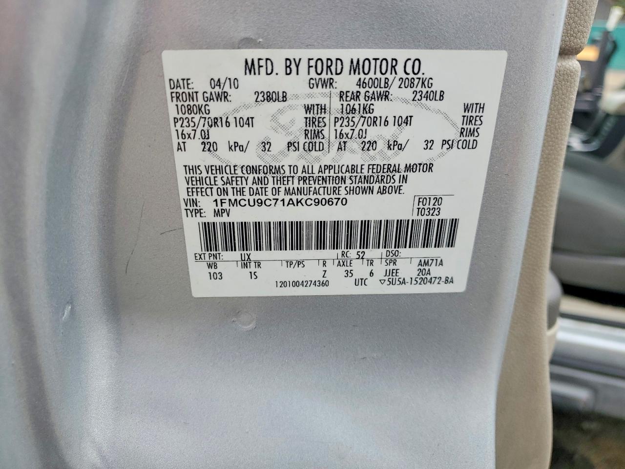 2010 Ford Escape Xls Gray vin: 1FMCU9C71AKC90670