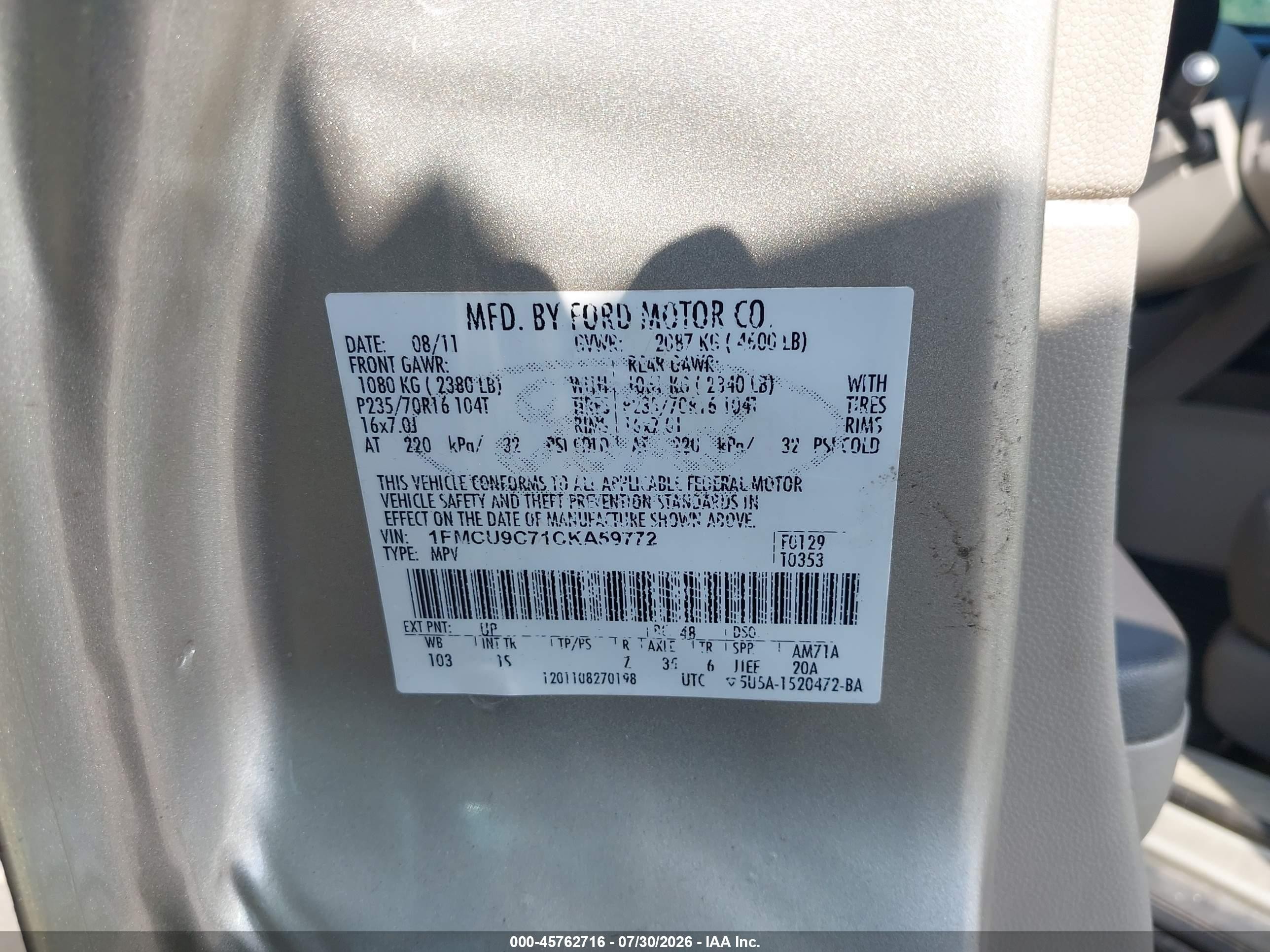 2012 Ford Escape Xls Gold vin: 1FMCU9C71CKA59772