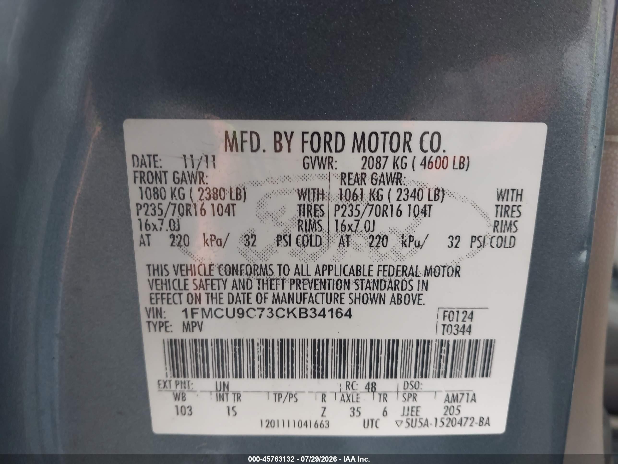 2012 Ford Escape Xls Blue vin: 1FMCU9C73CKB34164
