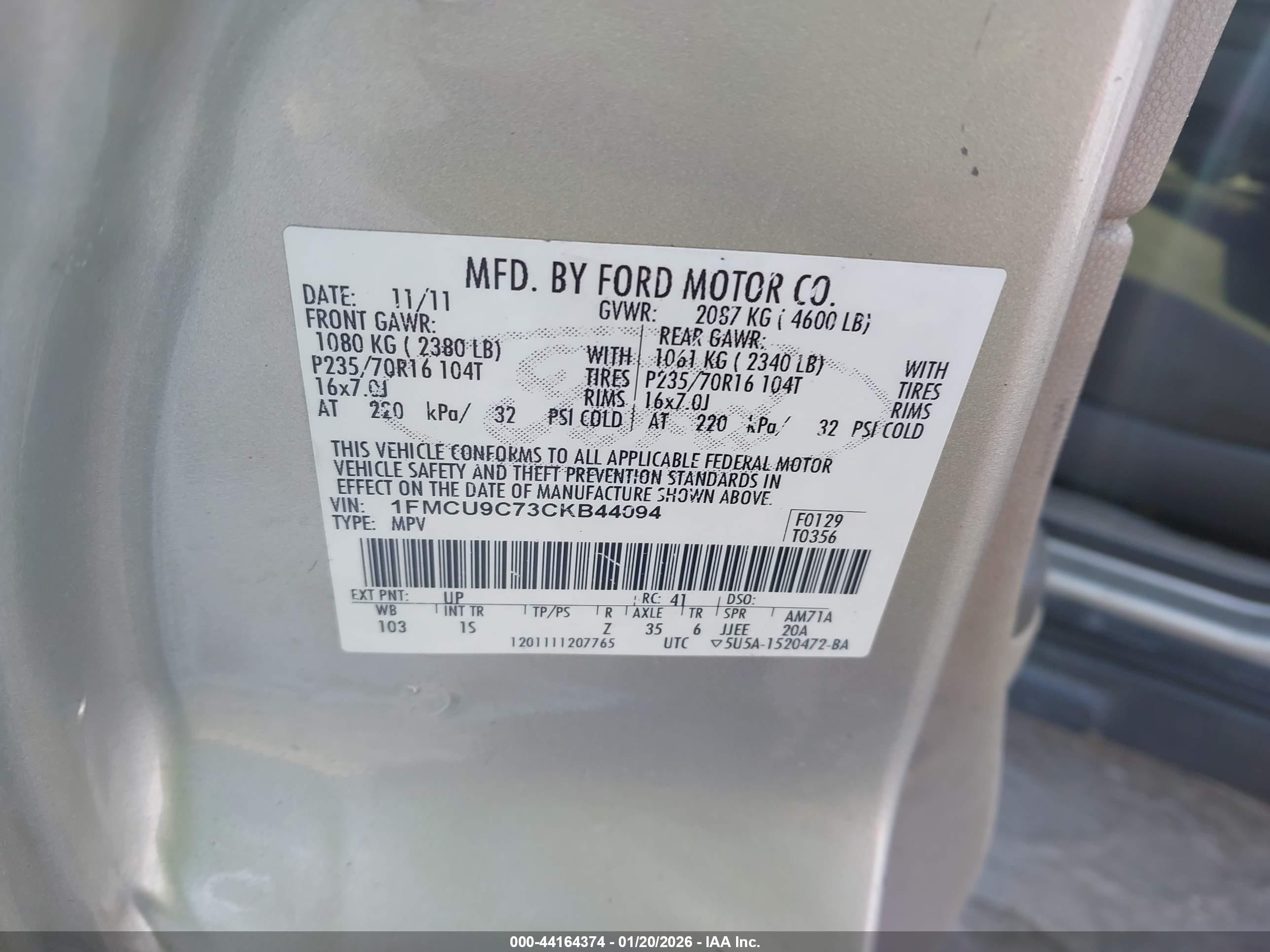 2012 Ford Escape Xls Beige vin: 1FMCU9C73CKB44094