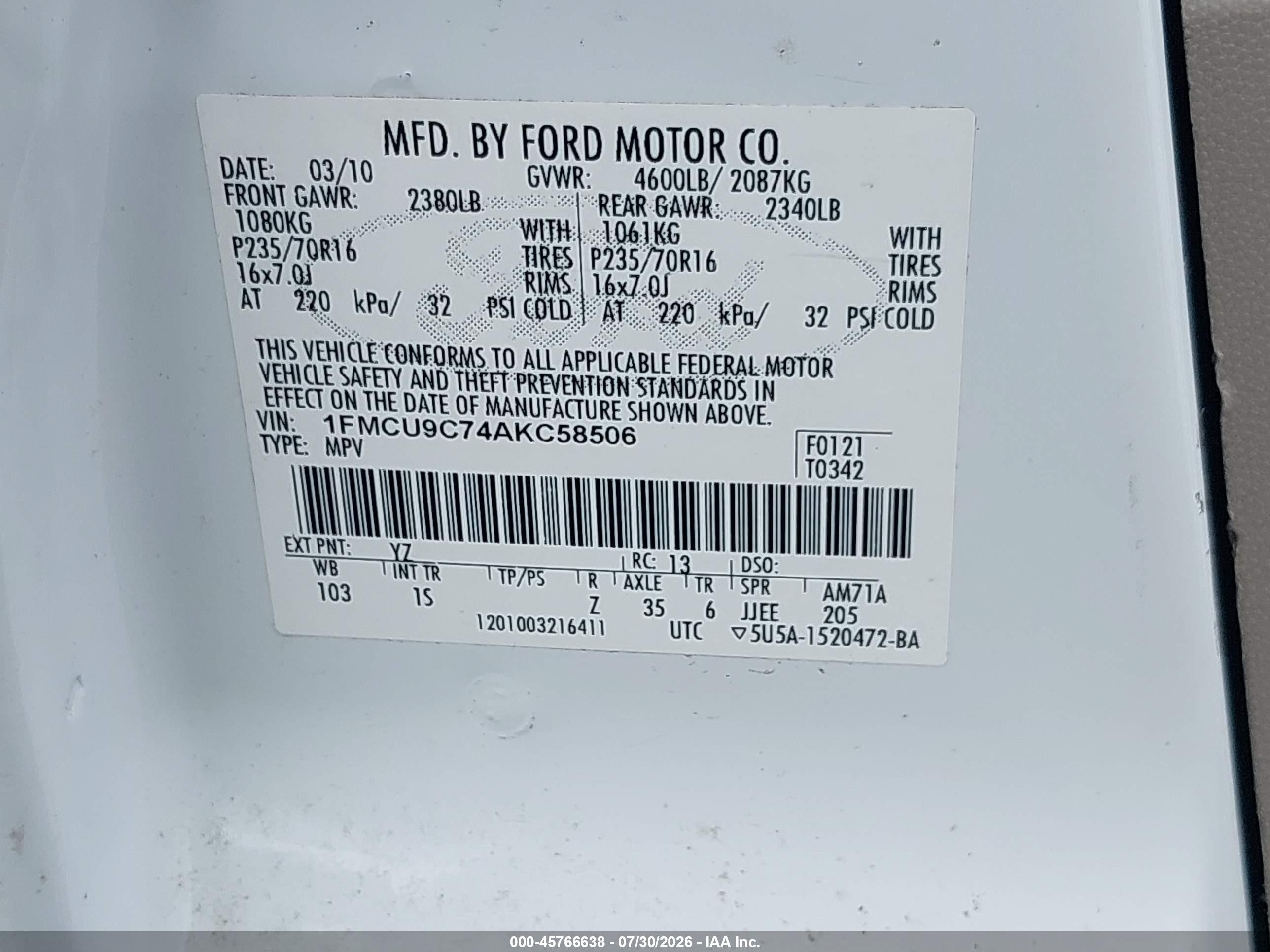 2010 Ford Escape Xls White vin: 1FMCU9C74AKC58506