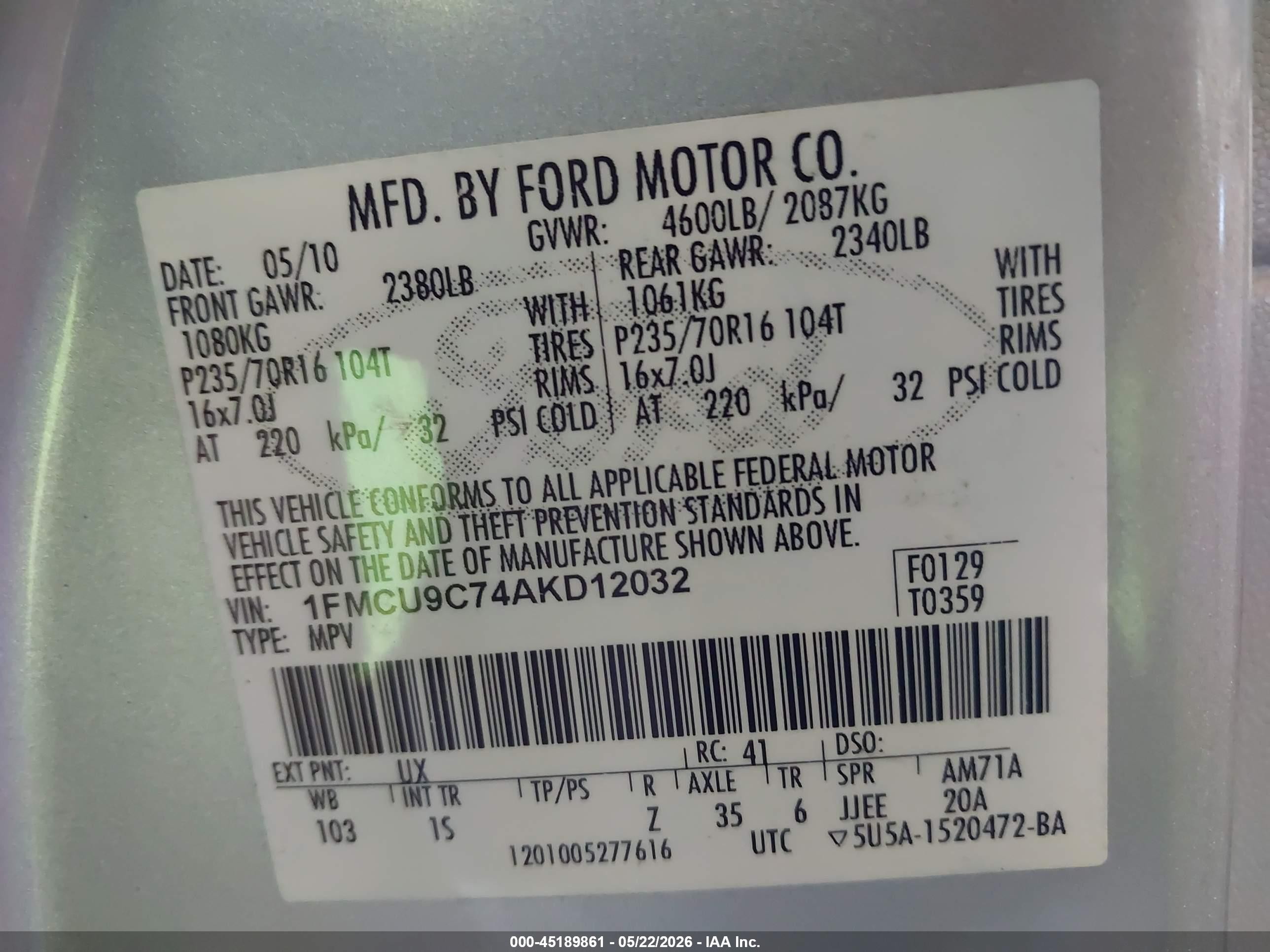2010 Ford Escape Xls Silver vin: 1FMCU9C74AKD12032