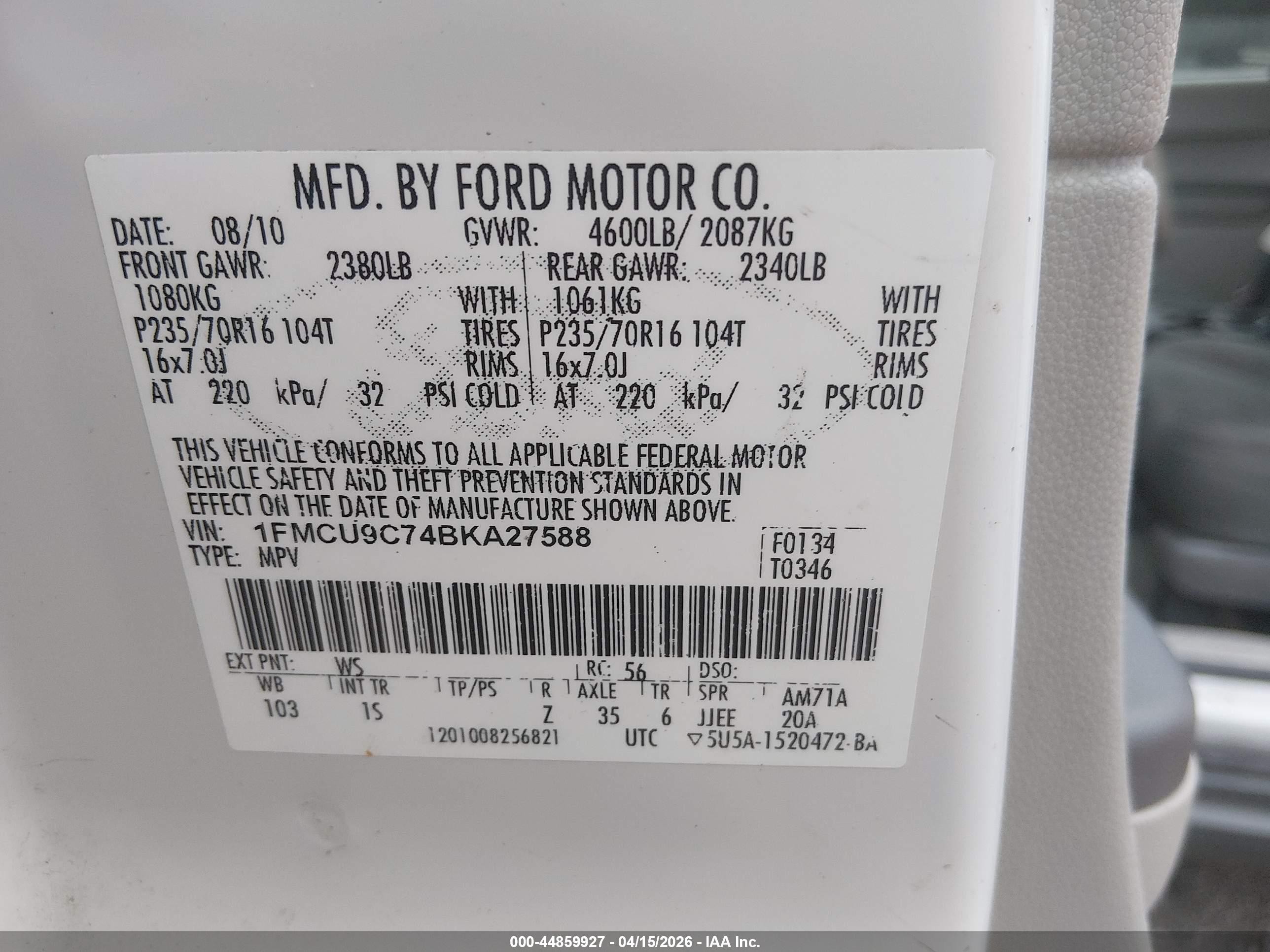 2011 Ford Escape Xls White vin: 1FMCU9C74BKA27588